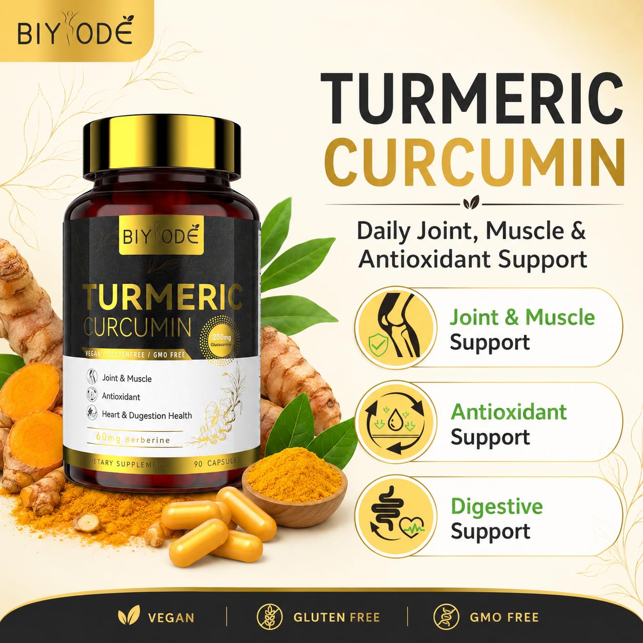 BIYODE Turmeric Curcumin Supplement 500mg 90 Capsules