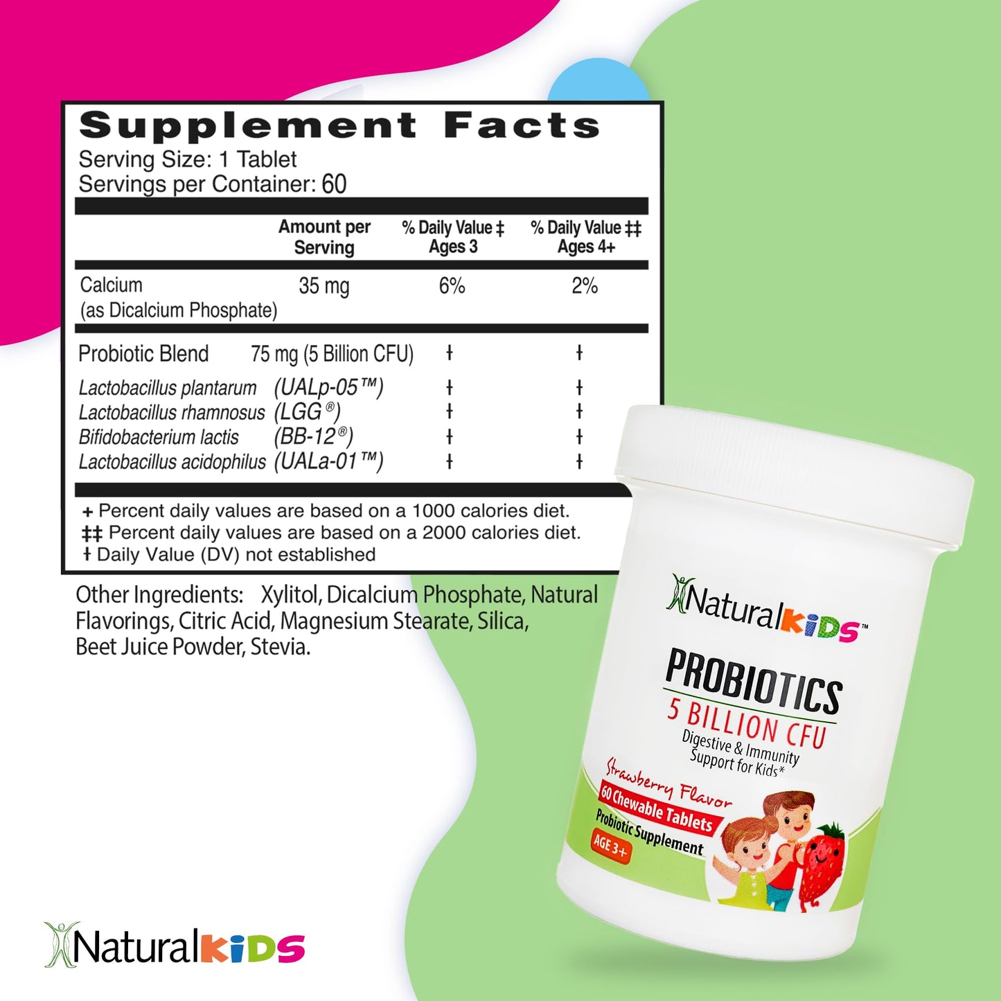 NaturalKids NaturalSlim Kids Probiotics for Digestive & Gut Health, Immune Support, 5 Billion CFU with LGG, BB-12 & 4 Probiotic Strains, 35 mg Calcium, for Children Ages 3+, Strawberry Flavor, 60 Chewable Tablets