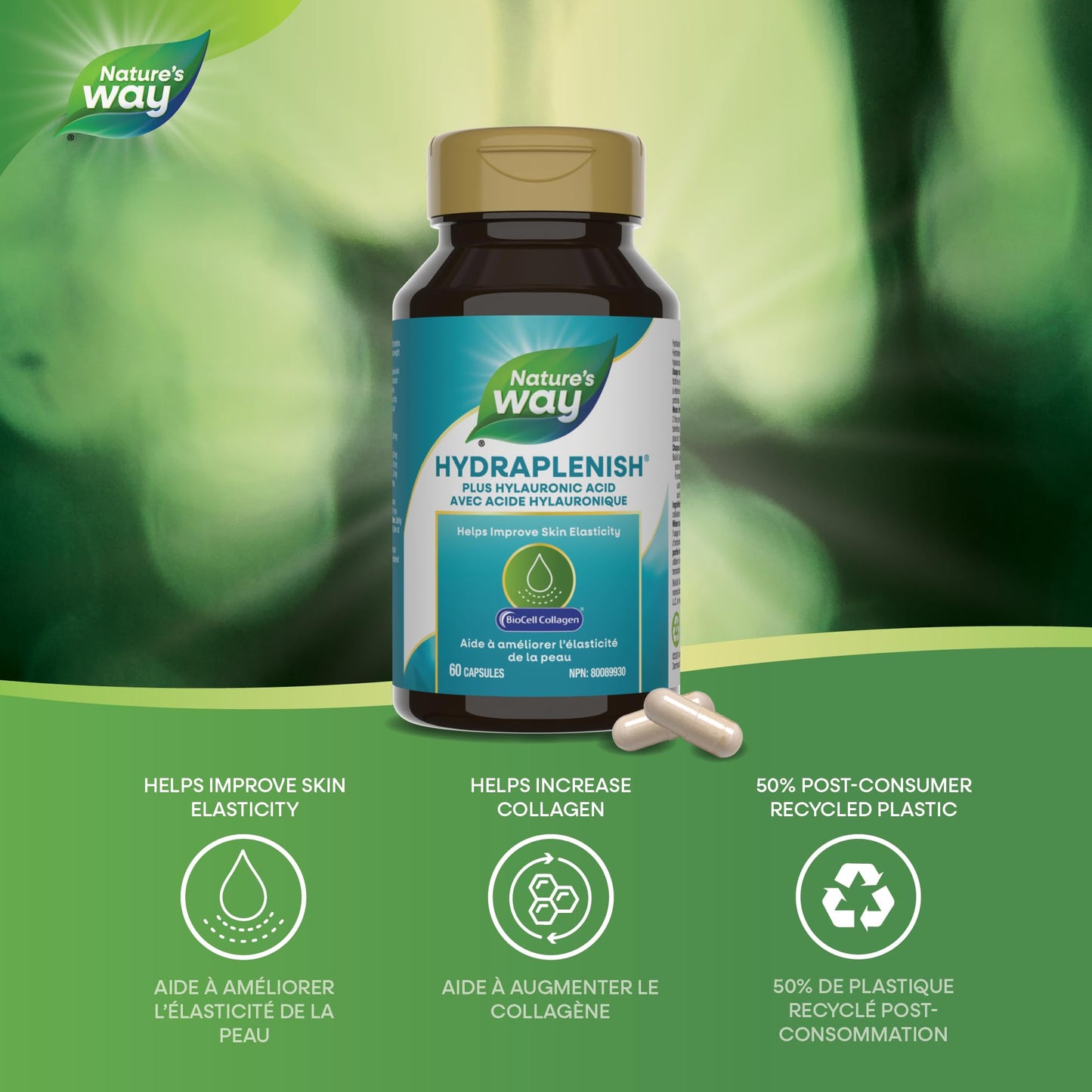 Nature's Way Hydraplenish with BioCell Collagen, Hyaluronic Acid, Support for Collagen Production, Elasticity & Healthy Skin*, 60 Capsules