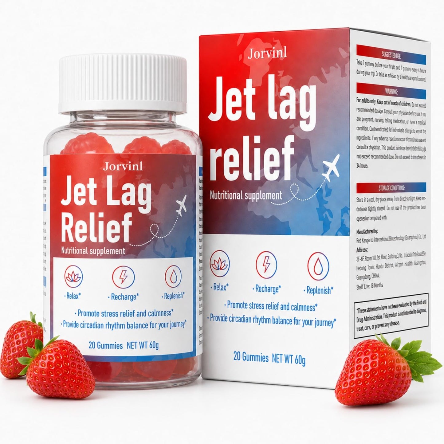 Jorvinl Jet Lag Remedy Gummies Dual Action Day & Night Jet Lag Relief with Melatonin Time Zone & Circadian Rhythm Support Tropical Berry Flavor, 20 Count