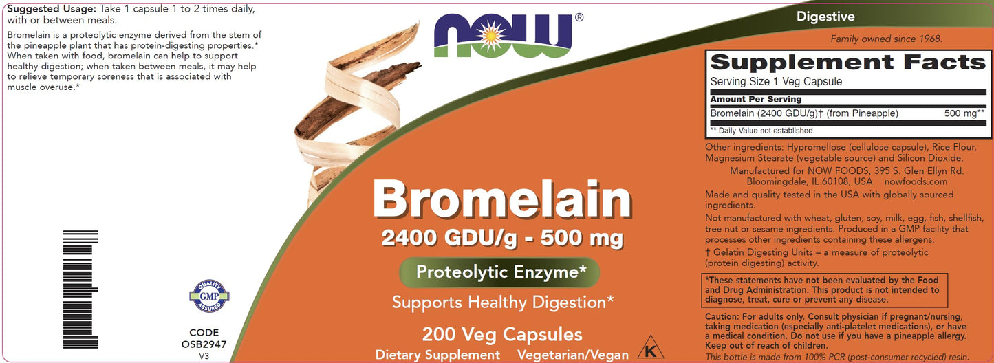 NOW Foods Bromelain 500 mg Capsules, 200 Count