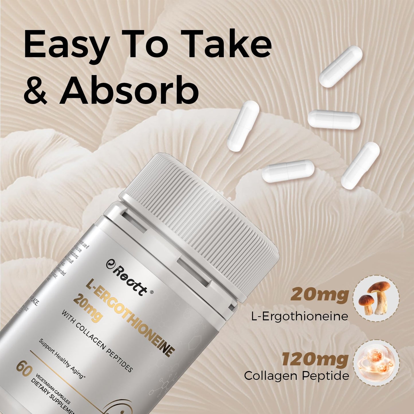 REOTT L-Ergothioneine with Collagen Peptides Capsules, 60 Count