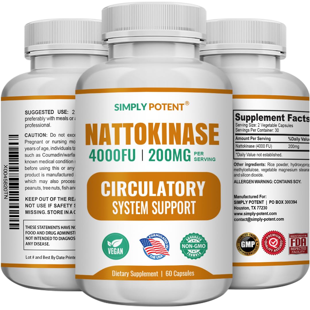 Simply Potent Nattokinase Supplement 200mg Per Serving (4000 FU Enzyme Activity) Capsules, 60 Count