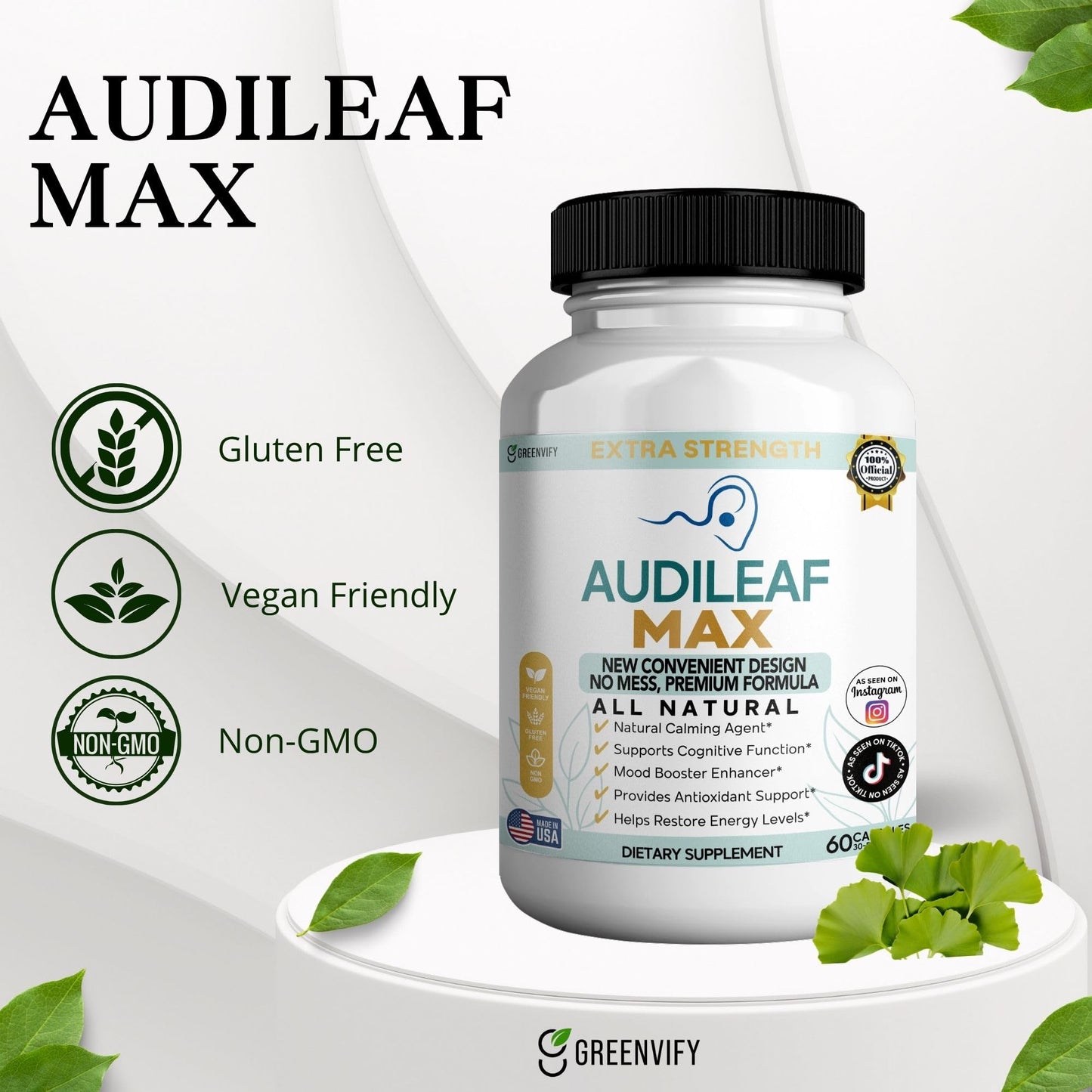 GREENVIFY Audileaf MAX All Natural Dietary Supplement with Ginkgo and Red Asian Ginseng, 60 Capsules