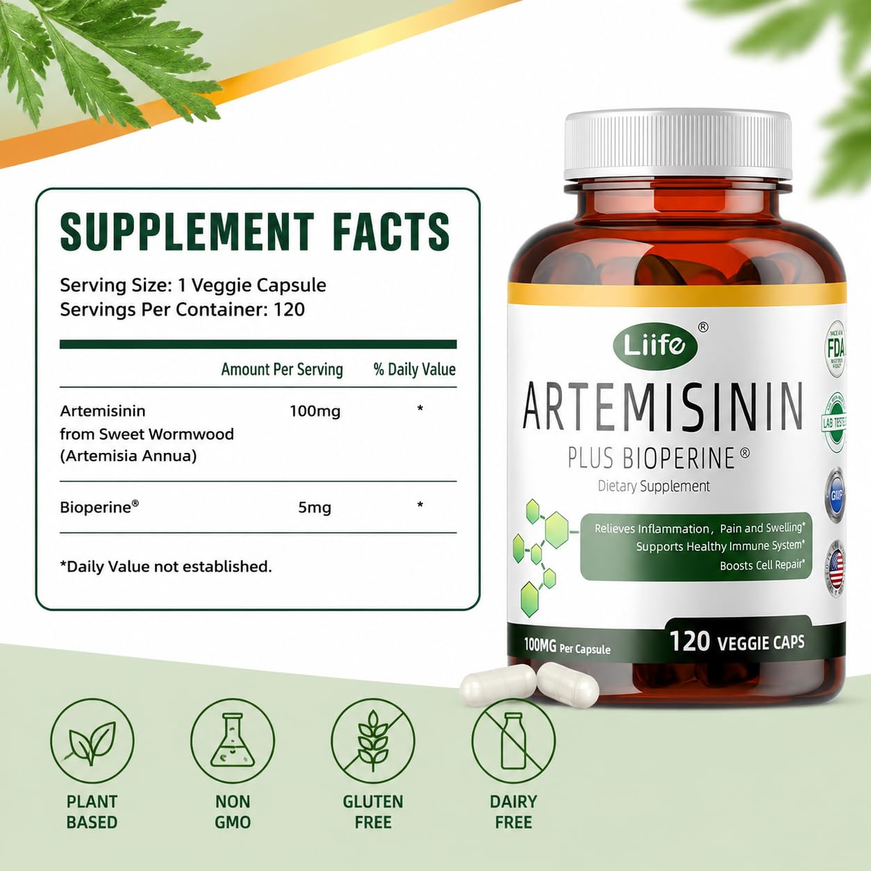 LIIFE Artemisinin (from Sweet Wormwood) with Bioperine, 100mg Capsules, 120 Count