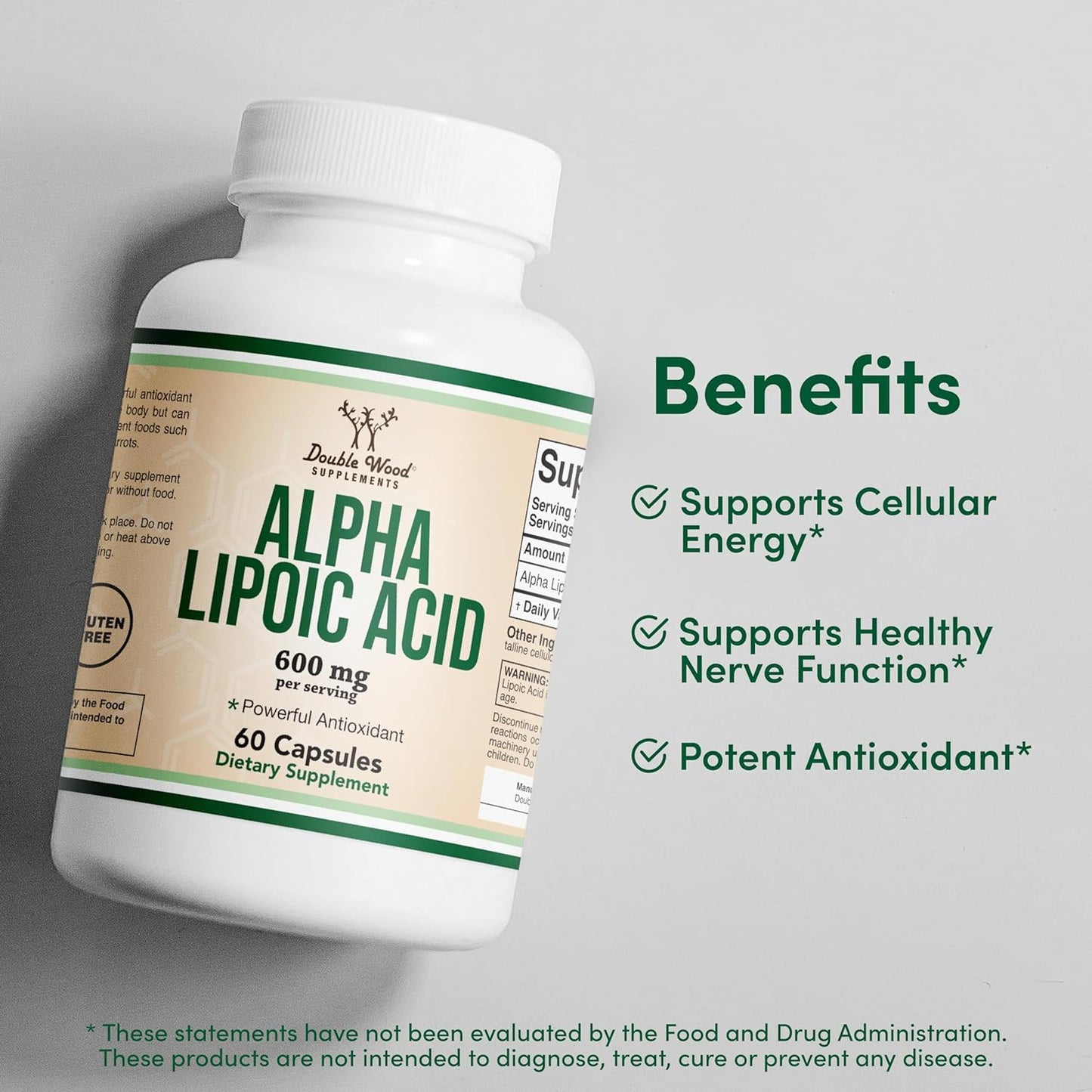 Double Wood Supplements Alpha Lipoic Acid 600mg Capsules, 60 Count