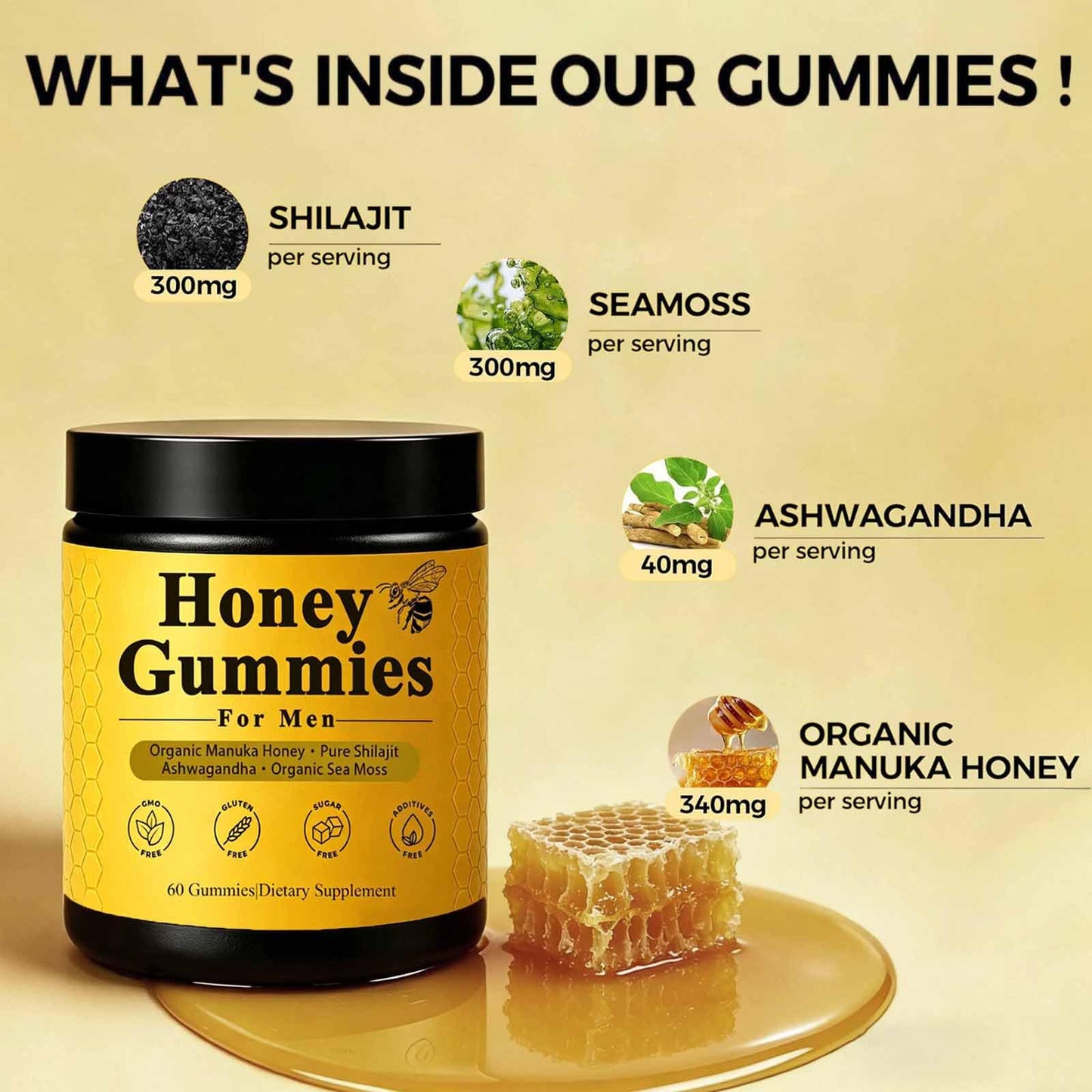 INFNTVITA Men’s Manuka Honey Gummies – Shilajit, Sea Moss & Ashwagandha Blend – Daily Energy, Stamina & Vitality Support, 60 Count