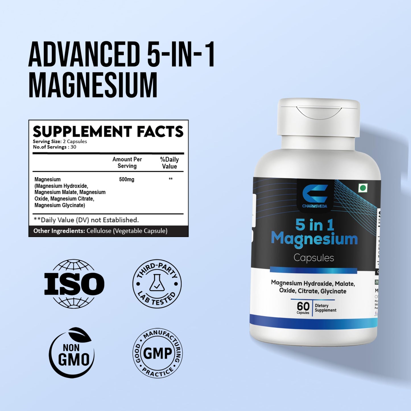 CHARMSVEDA 5-in-1 Magnesium Complex Capsules 500mg – Magnesium Glycinate, Citrate, Malate, Oxide & Hydroxide – Vegan Supplement – 60 Capsules
