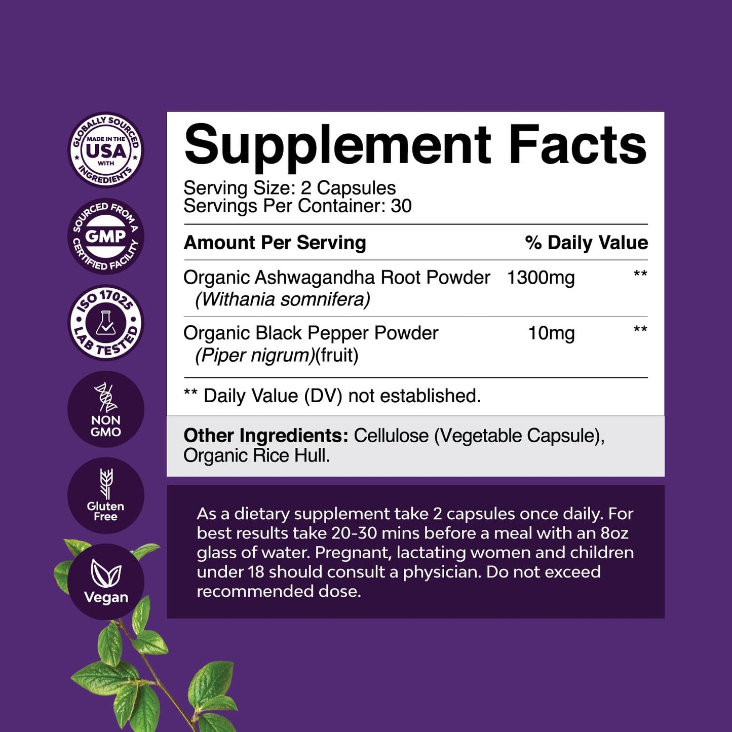 Natures Craft Ashwagandha Root Powder 1300 mg Capsules, 60 Count