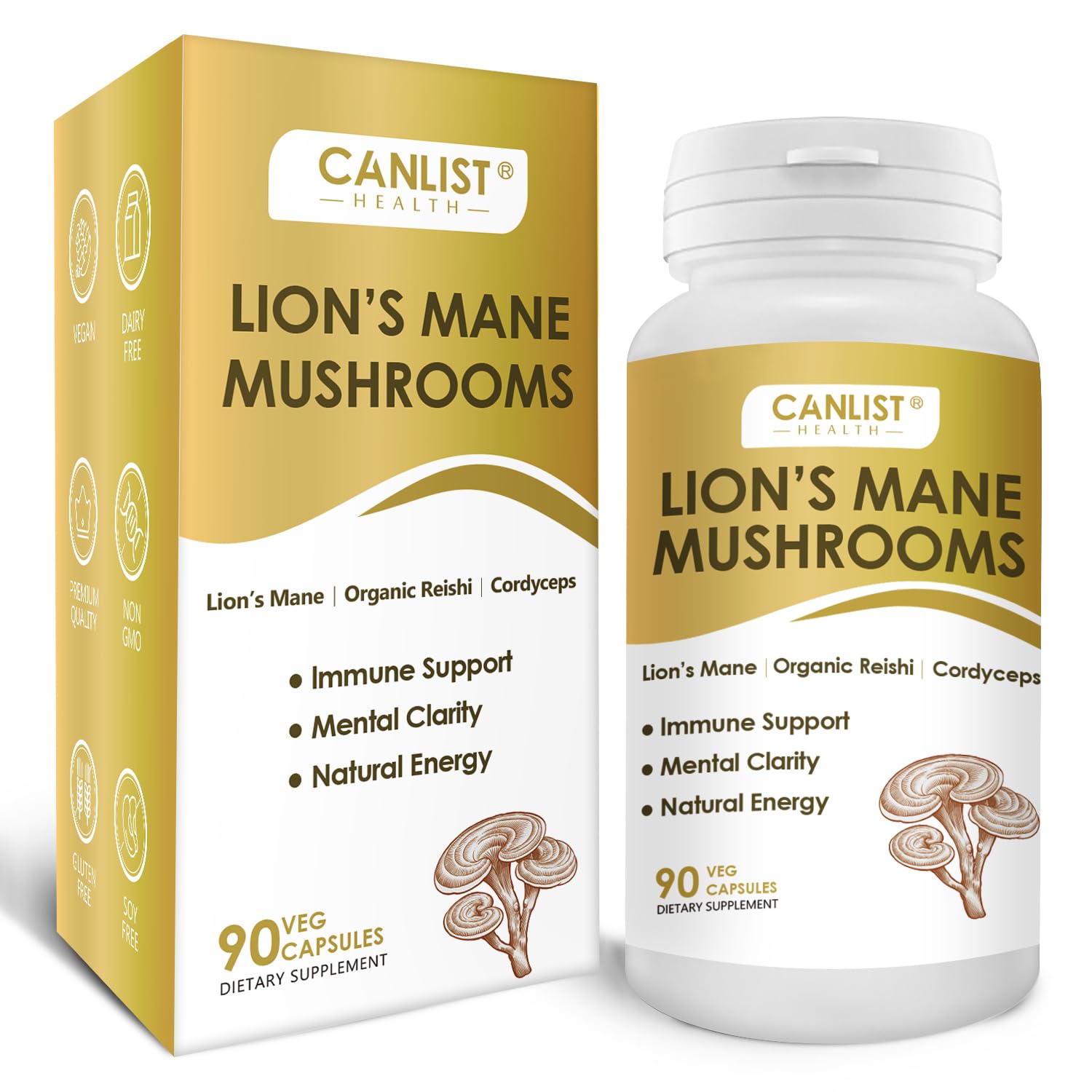 CANLIST Organic Mushroom Complex with Lion's Mane, Cordyceps, Reishi, 90 Capsules