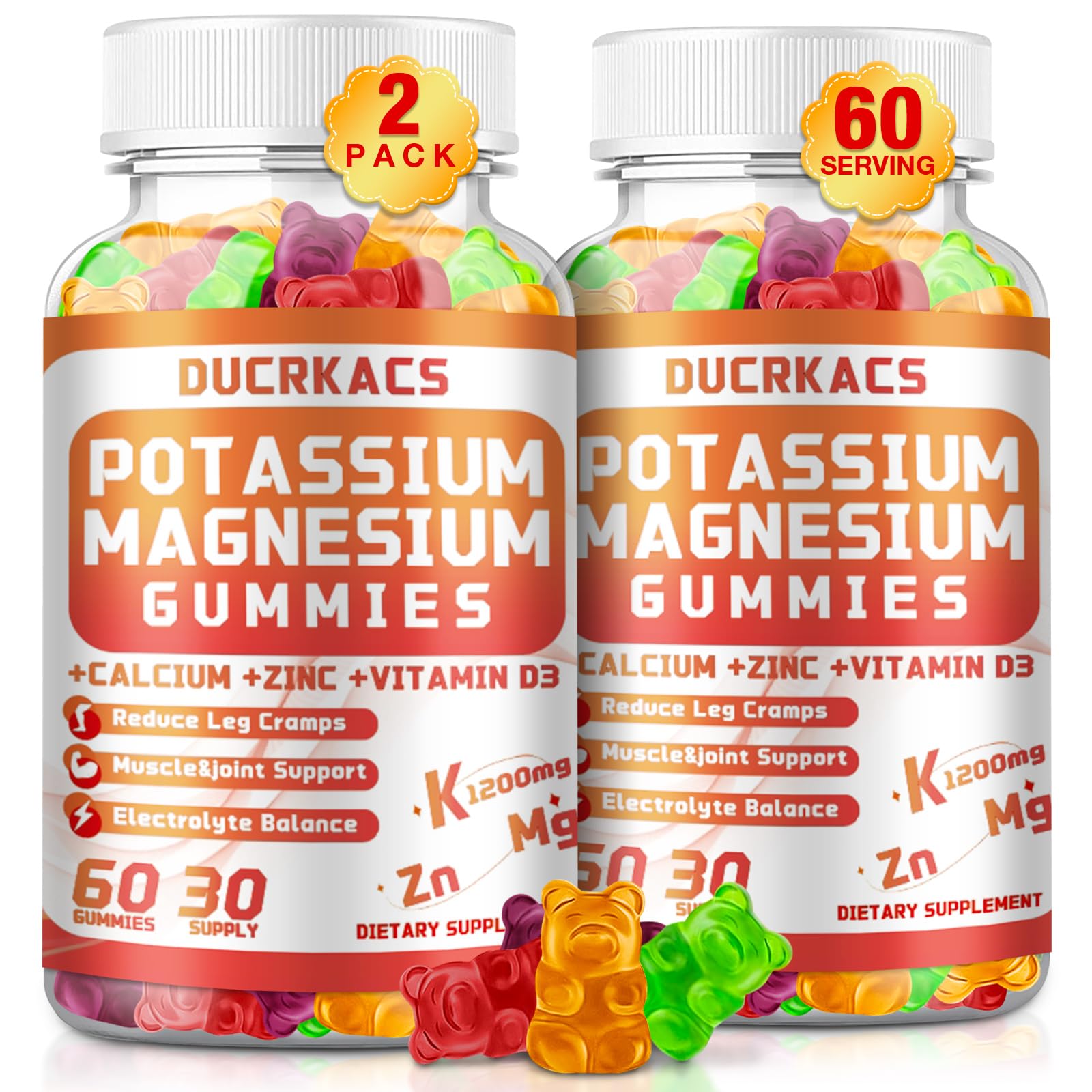 DUCRKACS Potassium Citrate Gummies 1200mg Chewable Potassium Supplement for Men & Women, Supports Leg Cramps & Muscle Health, 120 Count