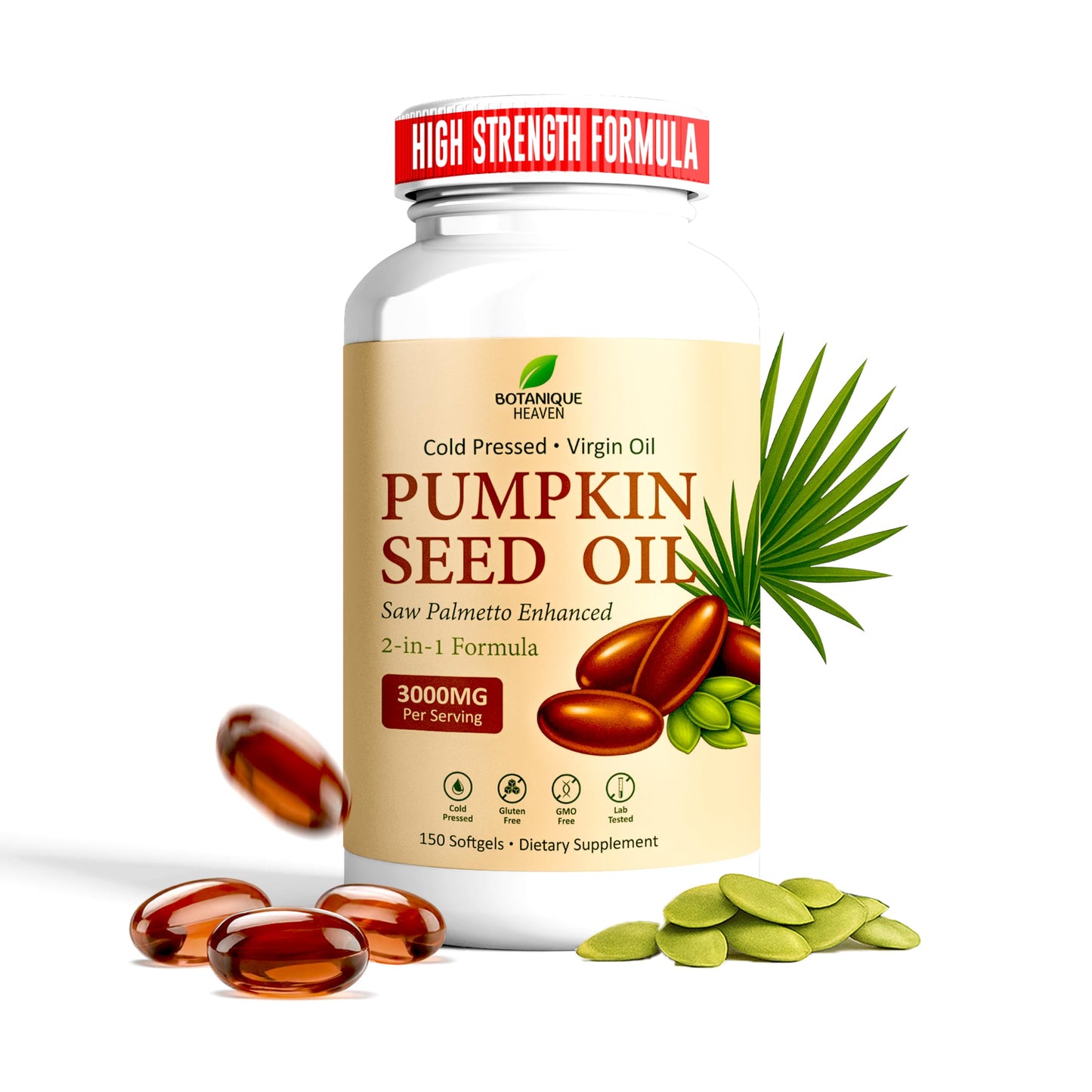 Botanique Heaven High Strength Pumpkin Seed Oil with Saw Palmetto – 3600mg per Serving, 150 Capsules