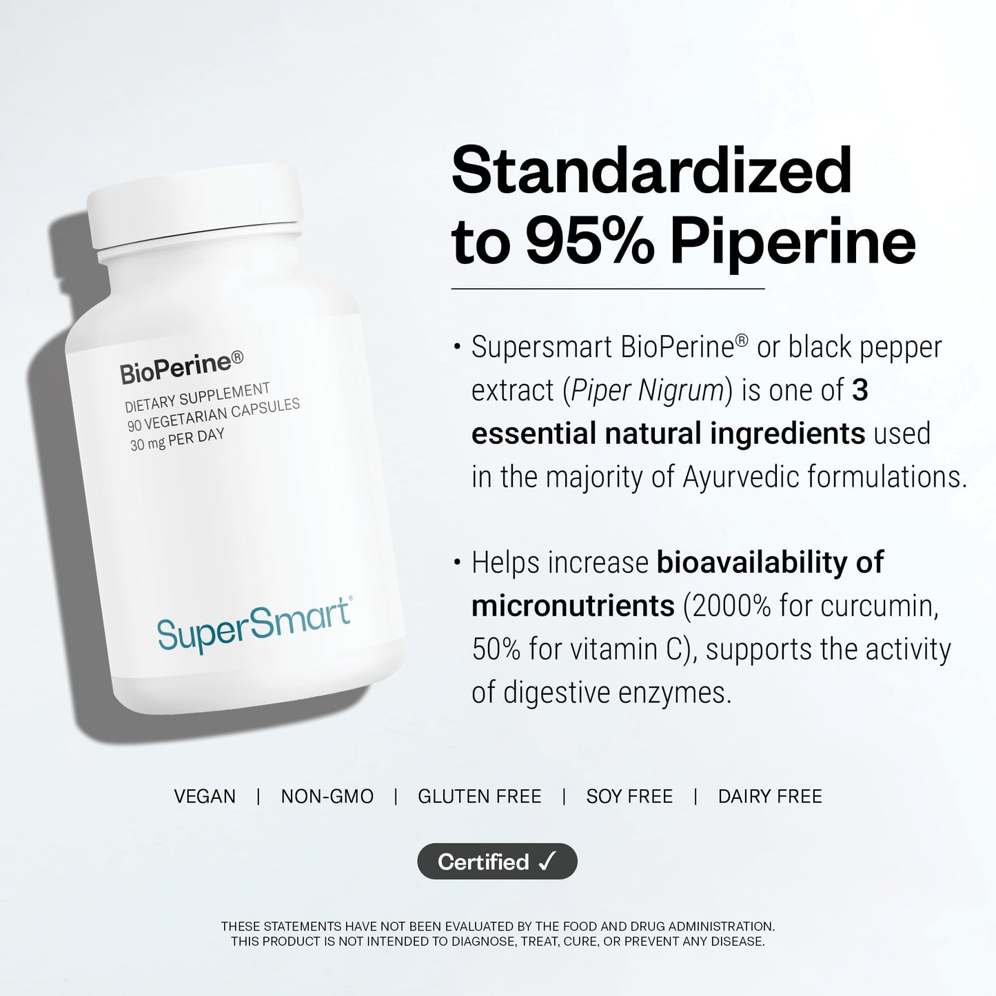 Supersmart Bioperine 30mg per Day (95% Piperine) Black Pepper Extract Capsule, 90 Capsules