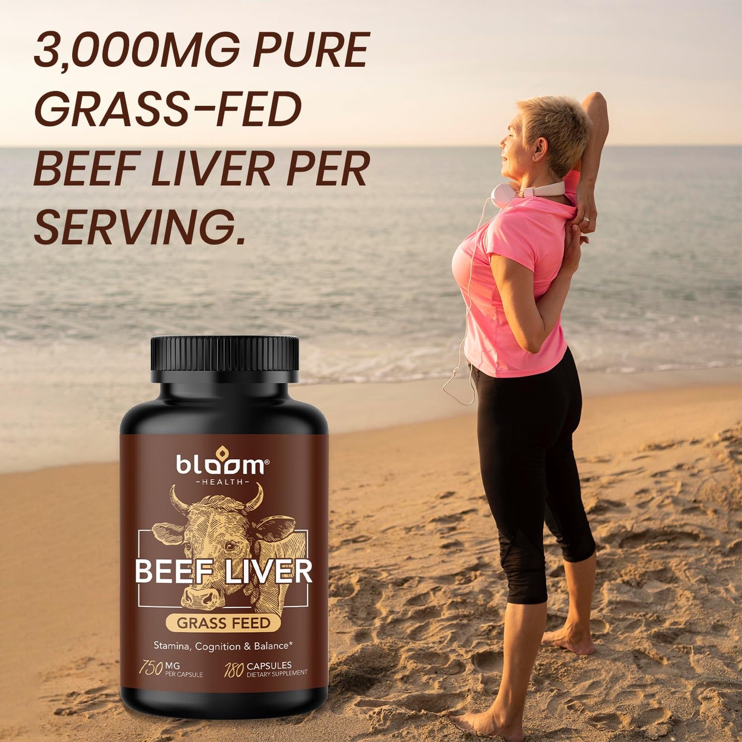 Bloom Health Grass Fed Beef Liver Supplement Capsules, 180 Capsules