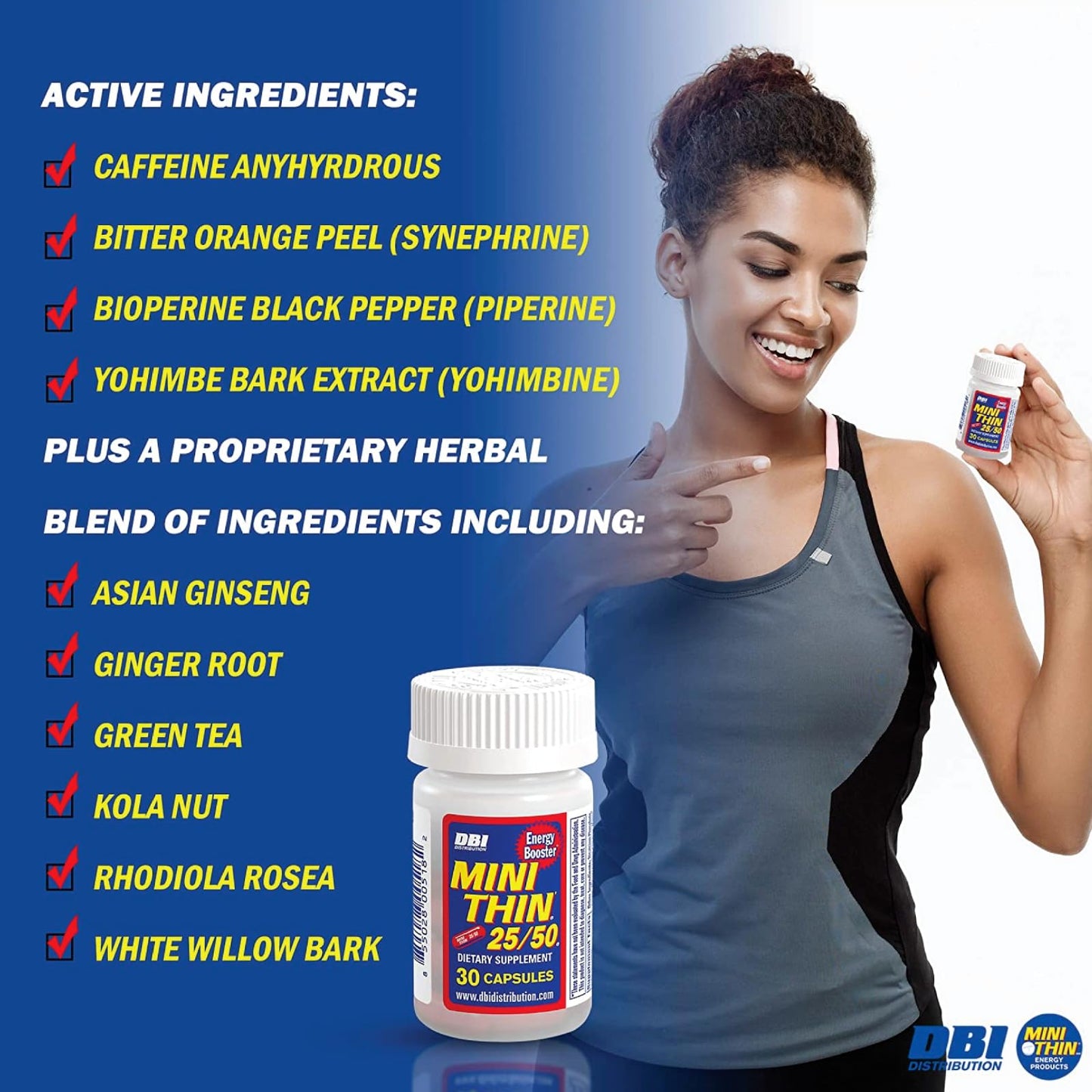 Mini Thin 25/50 Energy Capsules Formulated with Caffeine, 30 Capsules
