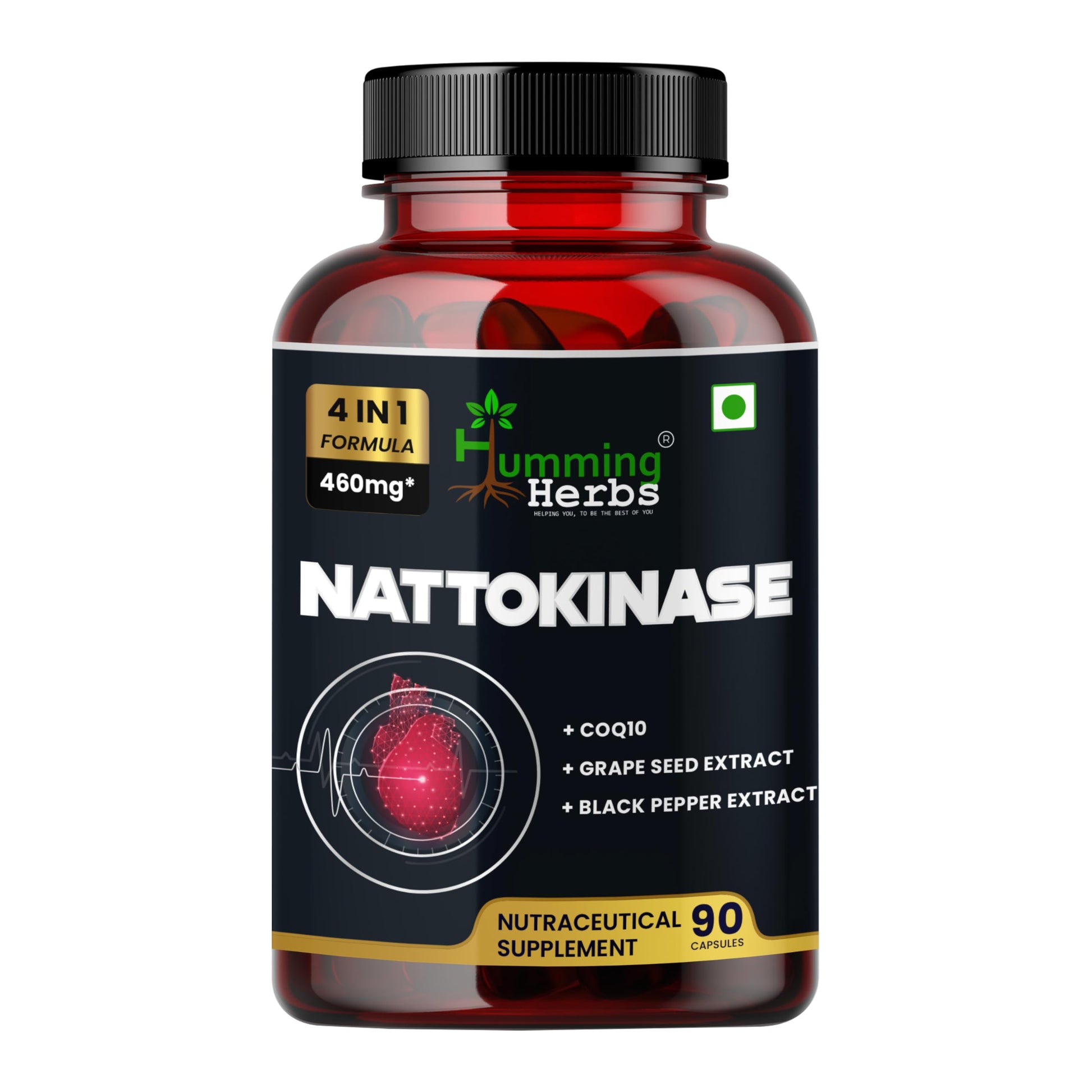 Humming Herbs Nattokinase 300 mg with CoQ10, Grape Seed Extract and Black Pepper Capsules, 90 Count
