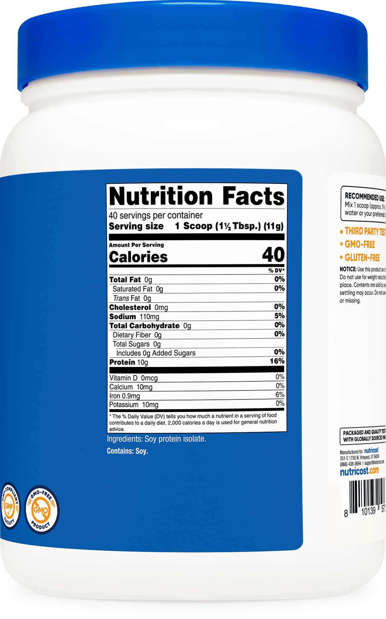 Nutricost Soy Protein Isolate Powder, 1 lb, Unflavored, 10 g Protein per Serving, Vegan, GMO-Free & Gluten Free
