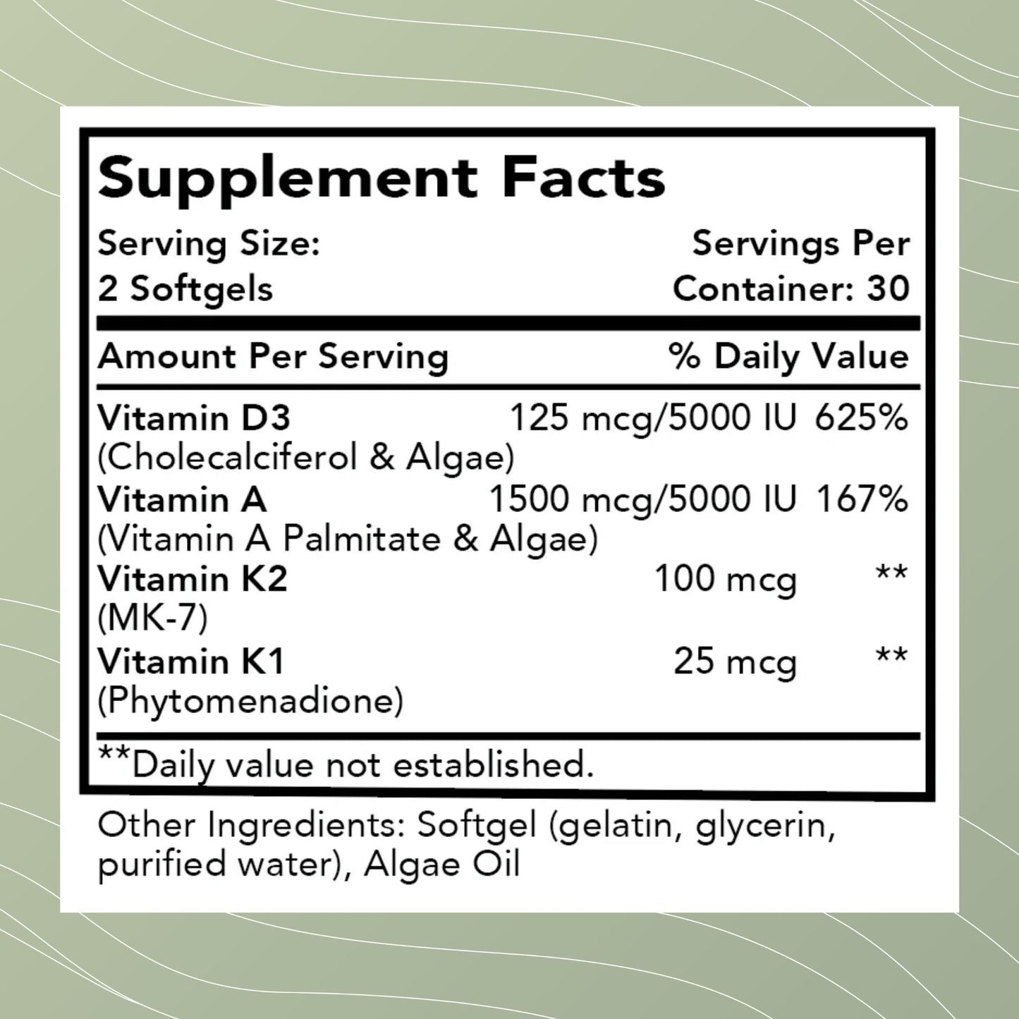 Optimal Health Systems Essential DAK1K2 Vitamin D3 + A + K1 + K2 Immune Support, Bone Health, & Heart Health with MK-7, 5000 IU, 60 Softgels