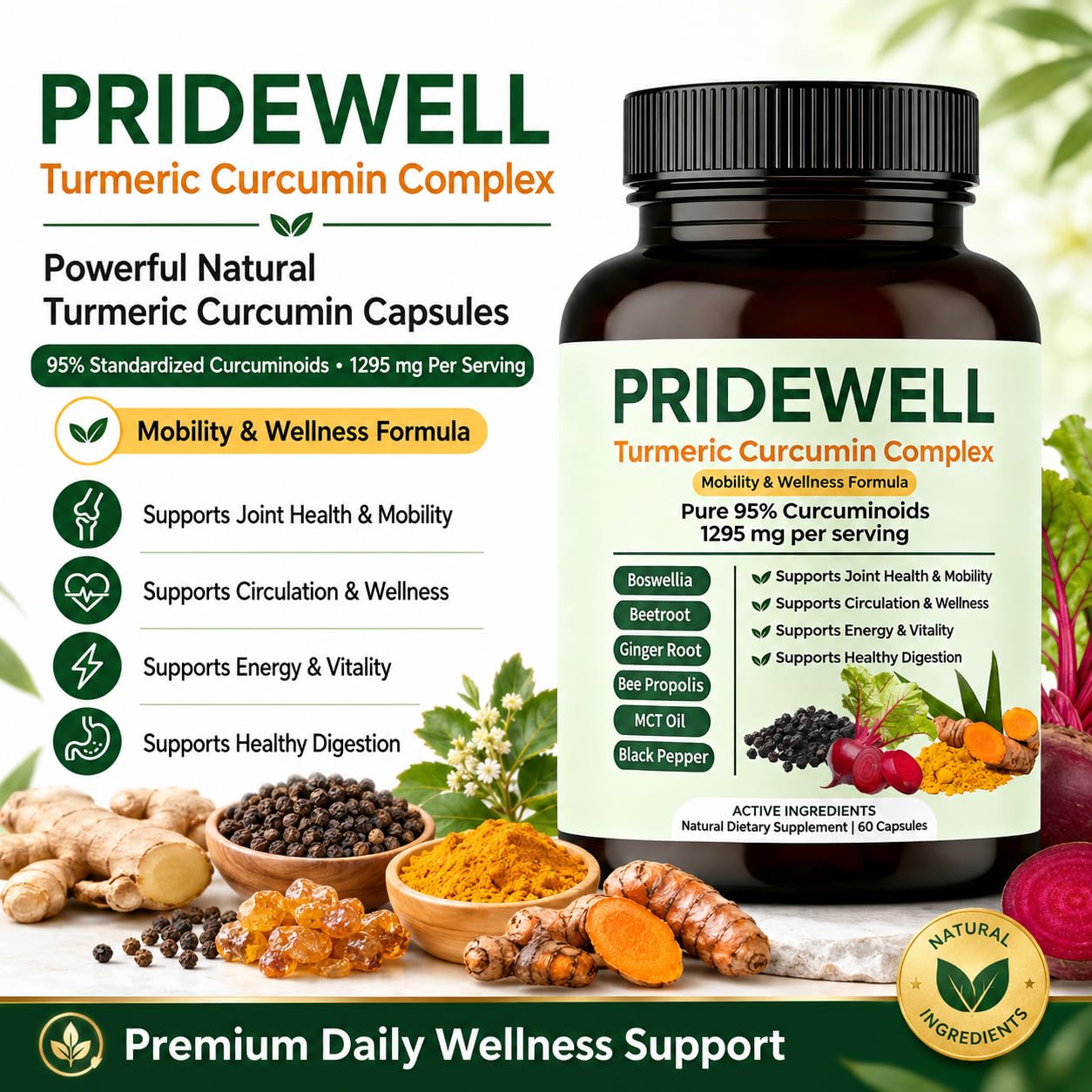 HerSpark Pridewell Powerful Natural Turmeric Curcumin Capsules 60 Count