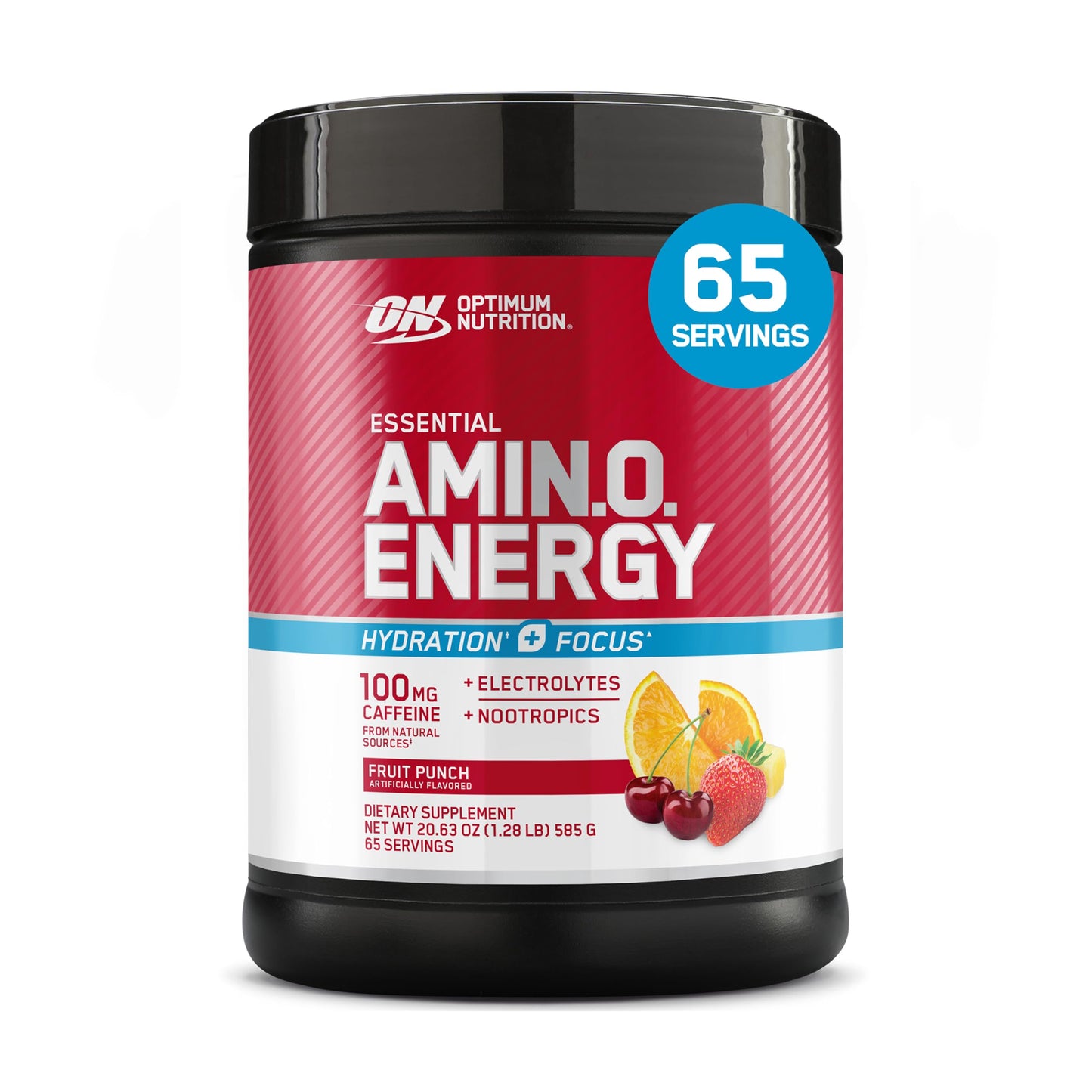 Optimum Nutrition Amino Energy Powder Plus Focus, with BCAA, Electrolytes, and Caffeine, Fruit Punch, 65 Servings