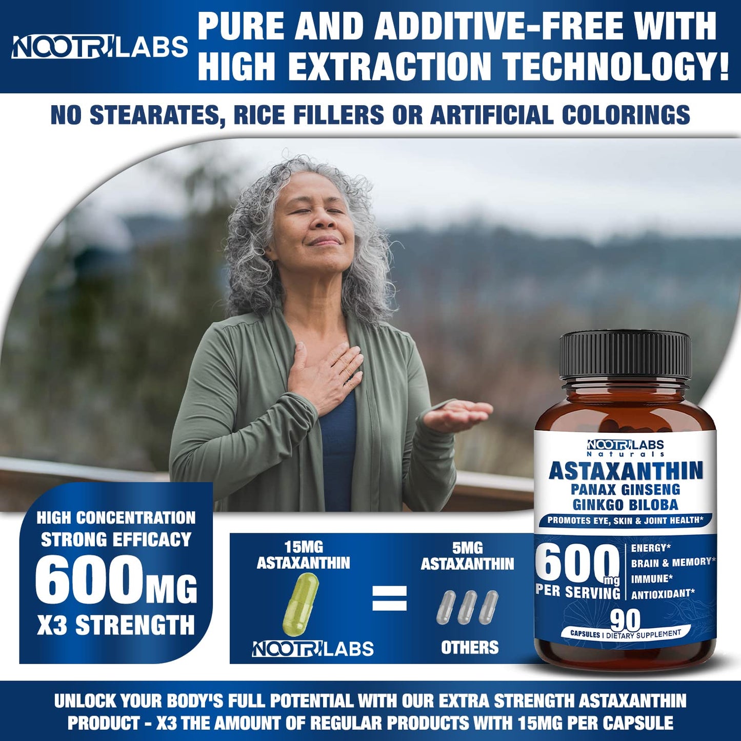Nootrilabs Naturals Astaxanthin 15mg + Panax Ginseng, Ginkgo Biloba Capsules, 90 Count