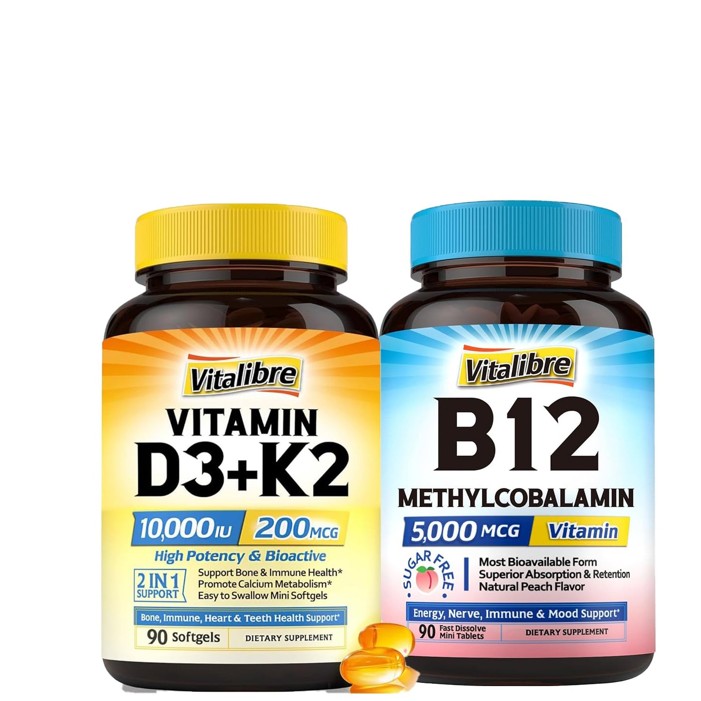 Vitalibre Vitamin D3 K2 10000 IU / 200 mcg K2 MK7 K2 Softgels, 90 Softgels & Vitamin B12 Sublingual 5000 mcg Methylcobalamin Fast Dissolve Mini Tablets, 90 Tablets, 180 Units