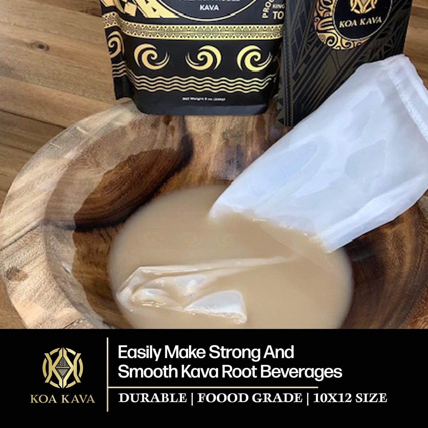 Koa Kava Traditional Kava Strainer Bag, Food-Grade Nylon, 100-Micron Mesh, Drawstring, 10 x 12 Inch, Reusable, 1 Count