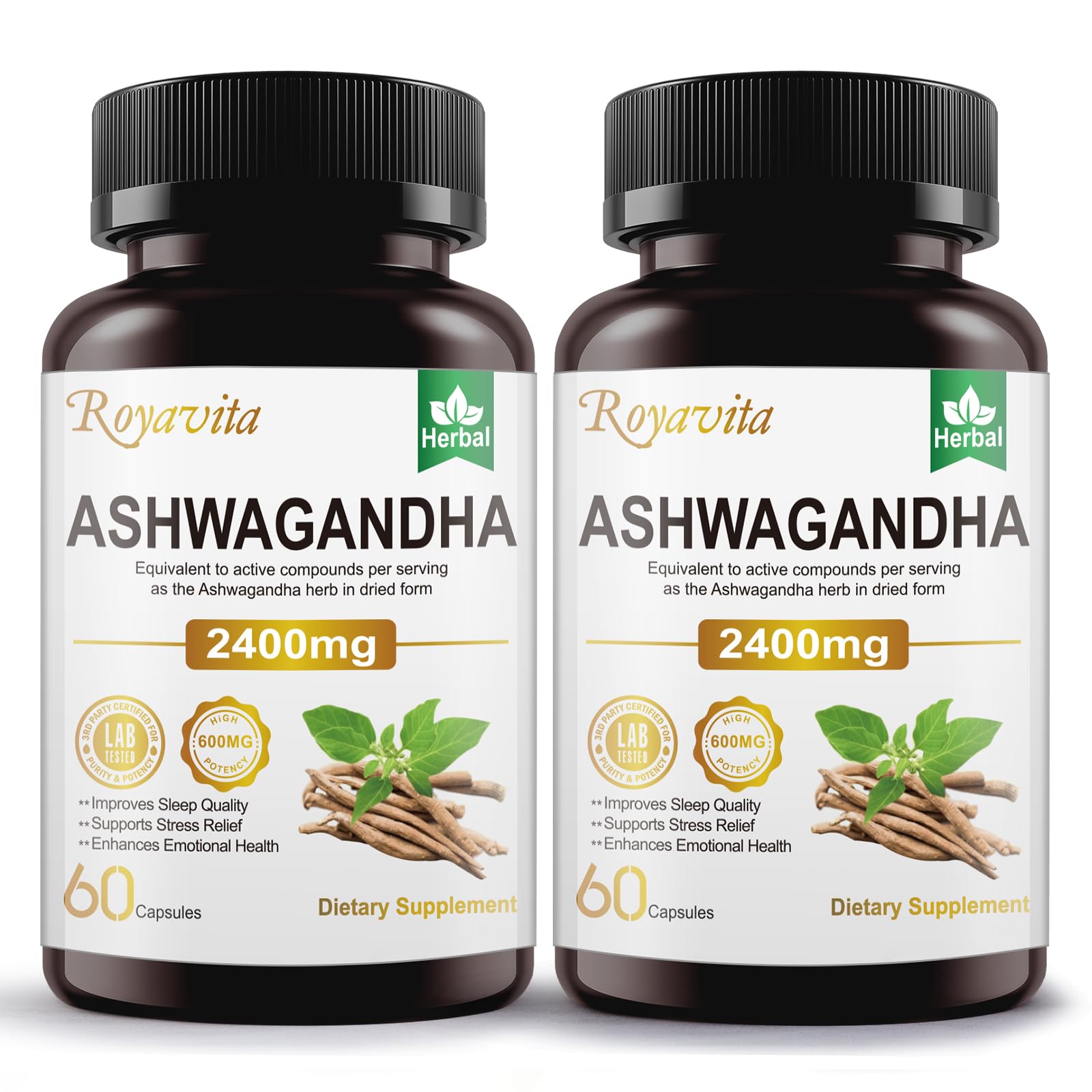 Royavita Ashwagandha 2400mg Organic with Black Pepper, Vitamin B12 & B6, Stress Relief & Athletic Performance, 120 Capsules