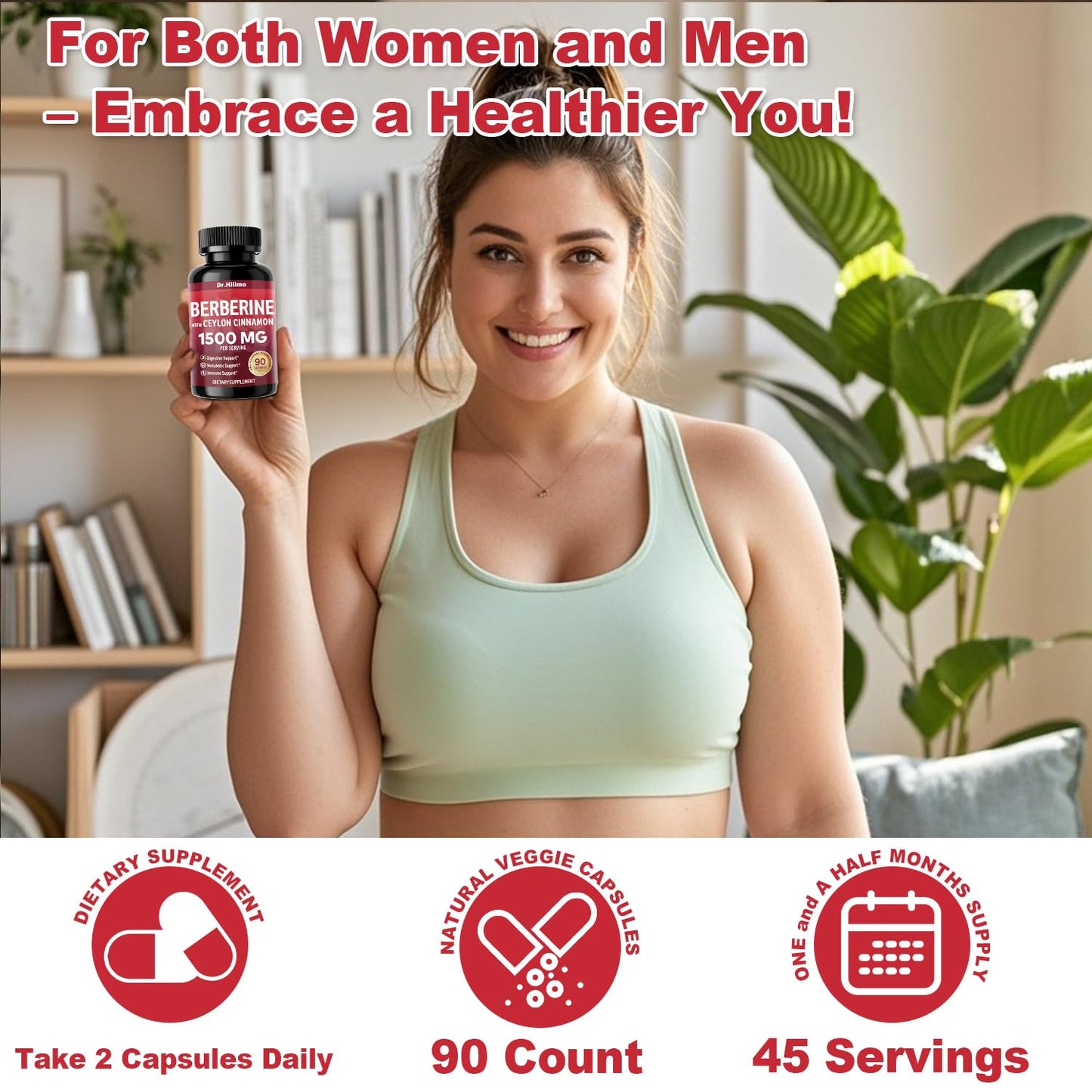 Dr.hillma Berberine Supplement 1500mg High Bioavailability Berberine HCL with Ceylon Cinnamon, 90 Capsules