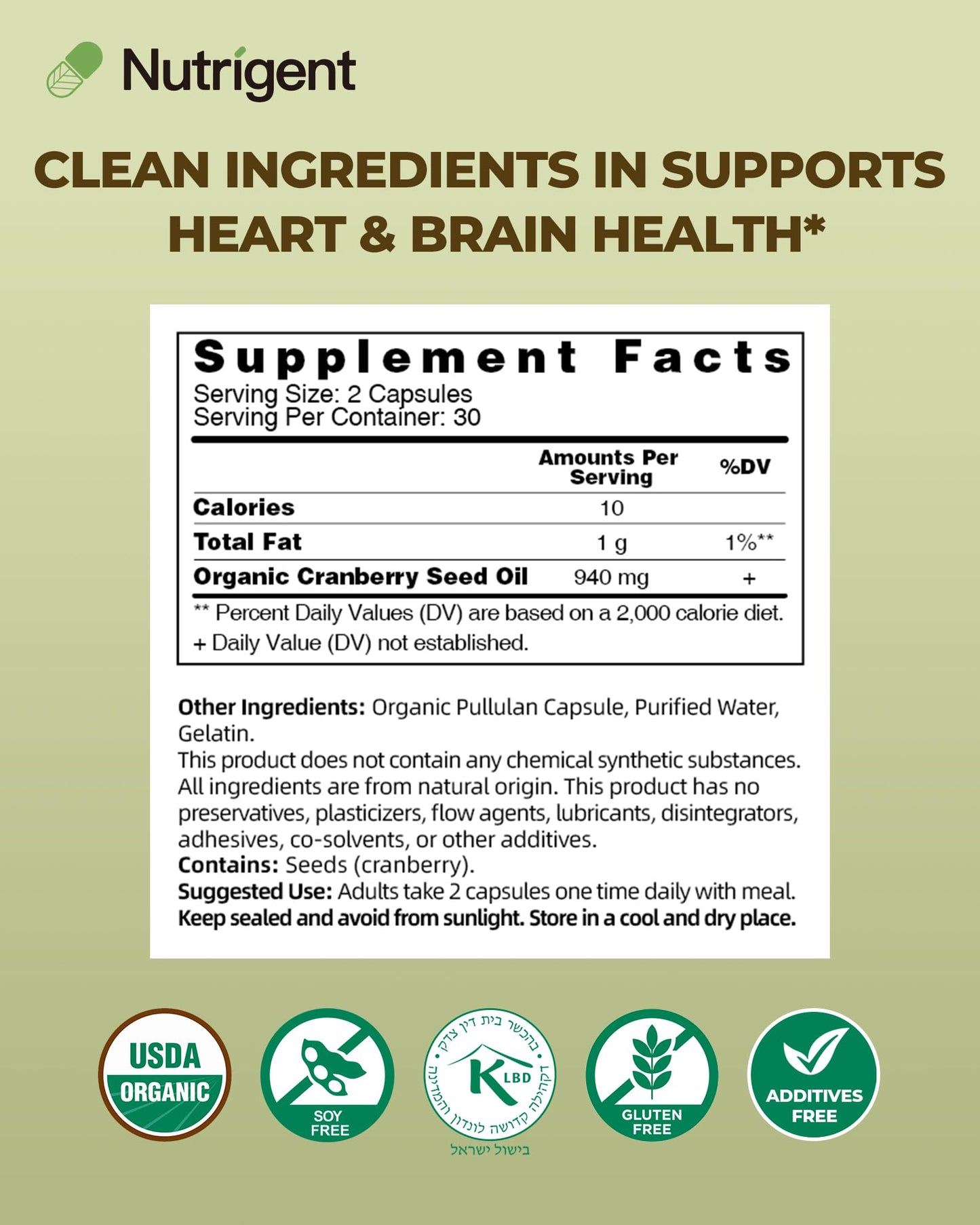 Nutrigent Cranberry Seed Oil 940 mg, Plant Sourced Omega 3-6-9 Fatty Acids, Liquid Organic Capsules, Urinary Health & Skin Health Support, 60 Capsules
