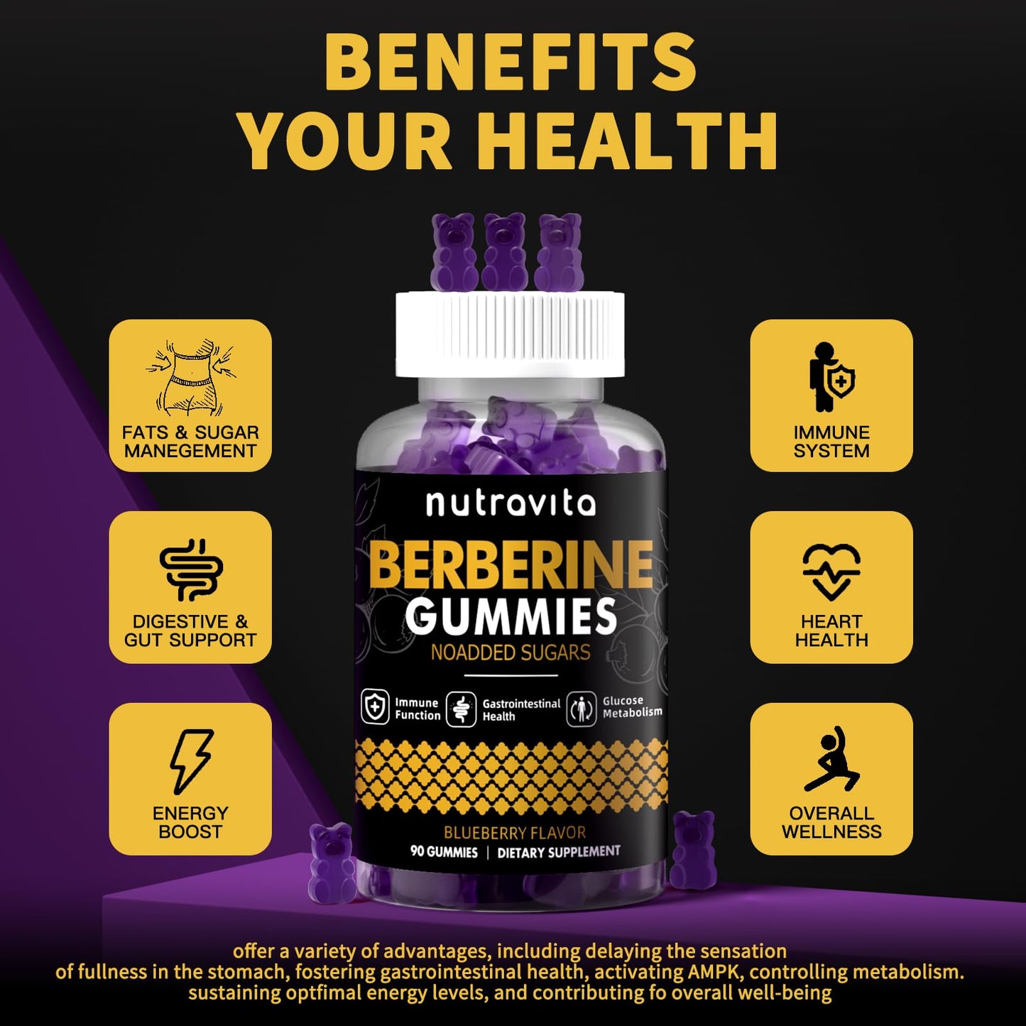 Nutravita Berberine Gummies with Ceylon Cinnamon 1500mg High Potency Berberine HCL, Sugar Free Organic Blueberry Flavor, 180 Gummies