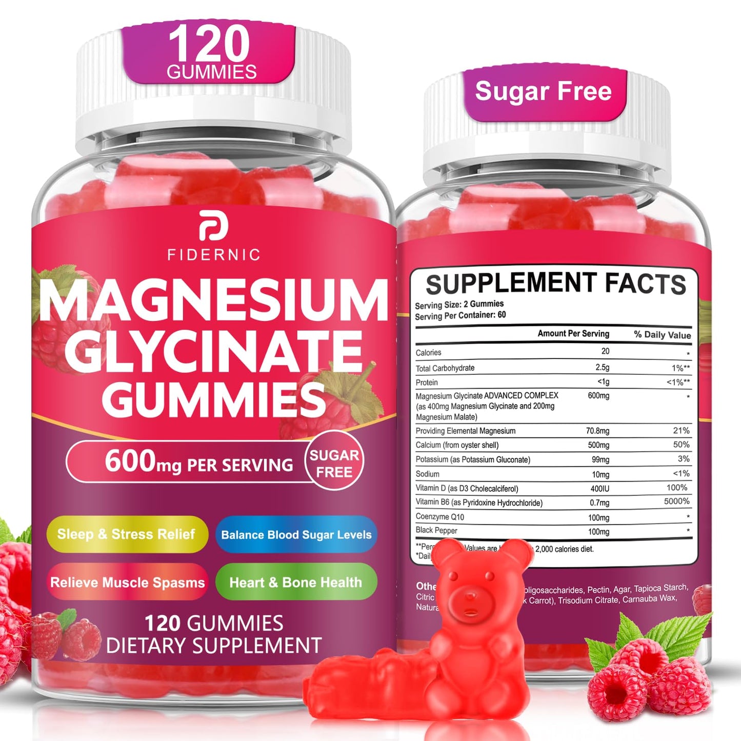 FIDERNIC Magnesium Glycinate Gummies 600 mg, Sugar Free with Magnesium Malate, Vitamin D3, B6 & CoQ10 for Adults & Kids, Sleep & Relaxation, 120 Gummies