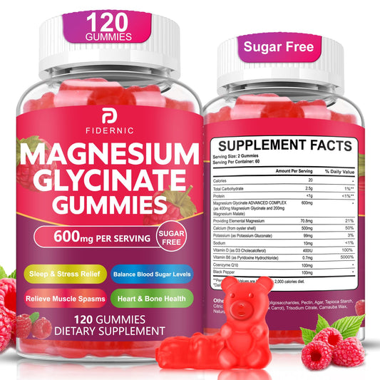 FIDERNIC Magnesium Glycinate Gummies 600 mg, Sugar Free with Magnesium Malate, Vitamin D3, B6 & CoQ10 for Adults & Kids, Sleep & Relaxation, 120 Gummies