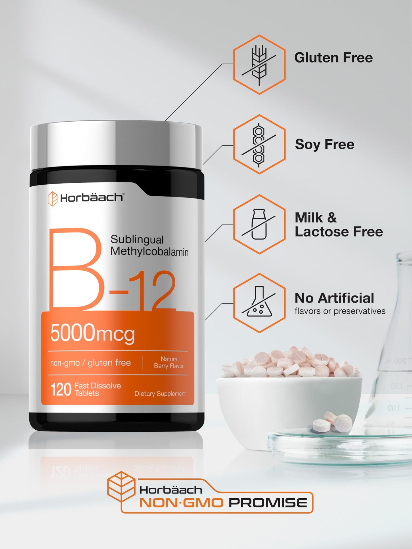 Horbäach B12 Vitamin 5000 mcg Fast Dissolve Tablets, 120 Tablets