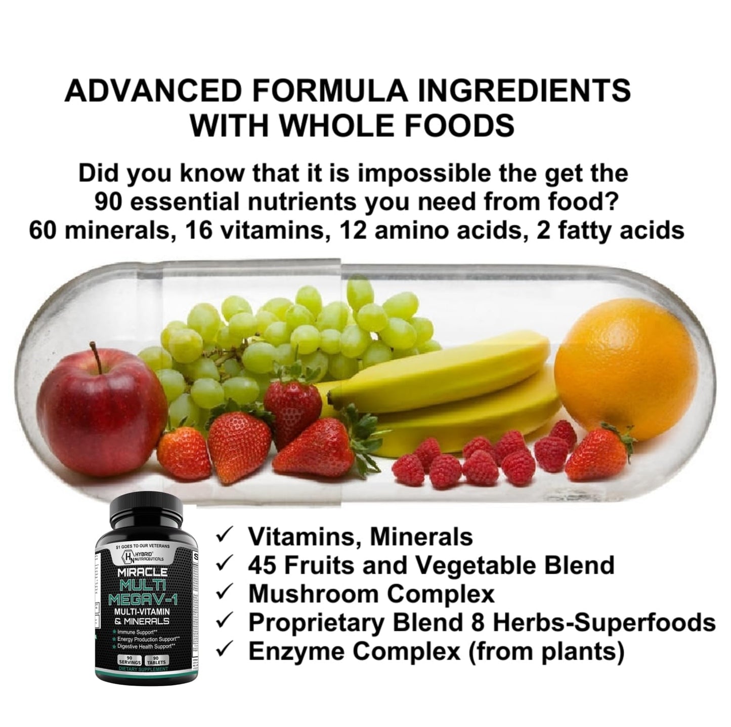 Hybrid Nutraceuticals MEGAV-1 Multi-Vitamin, Superfood & Minerals - Daily Multivitamin with Probiotics, Digestive Enzyme, Mushroom Complex for Heart Health, Immune Support, Energy & Stamina, 180 Tablets