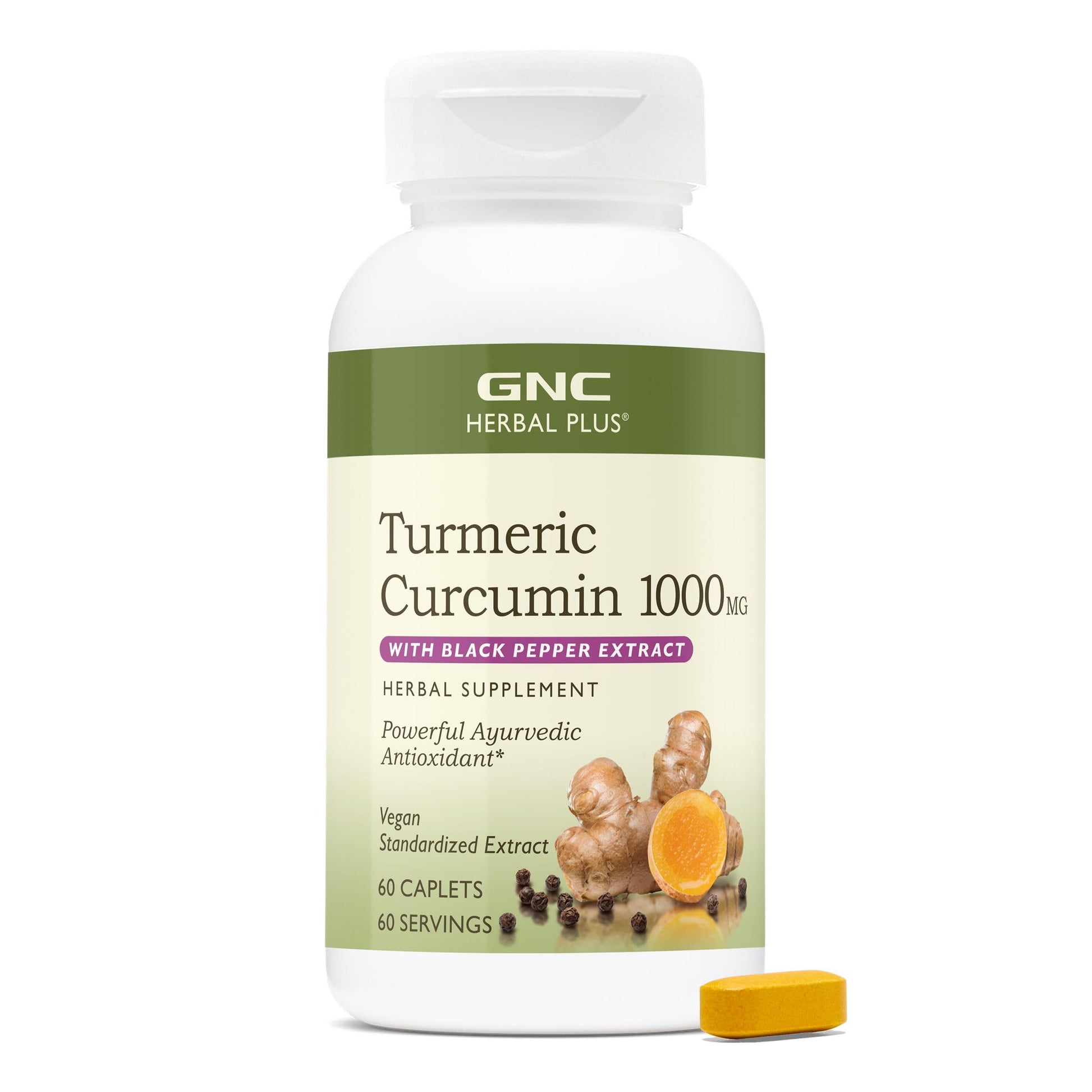 GNC Herbal Plus Turmeric Curcumin 1000mg + Piperine Caplets, 60 Count
