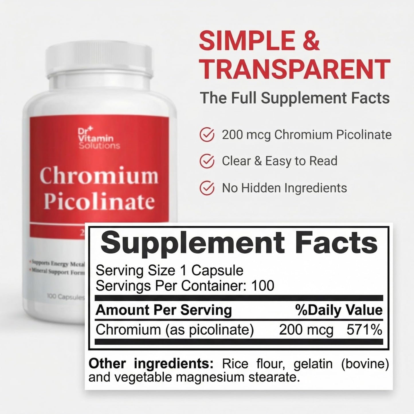 DR VITAMIN SOLUTIONS Chromium Picolinate 200 mcg Capsule, 1 Capsule