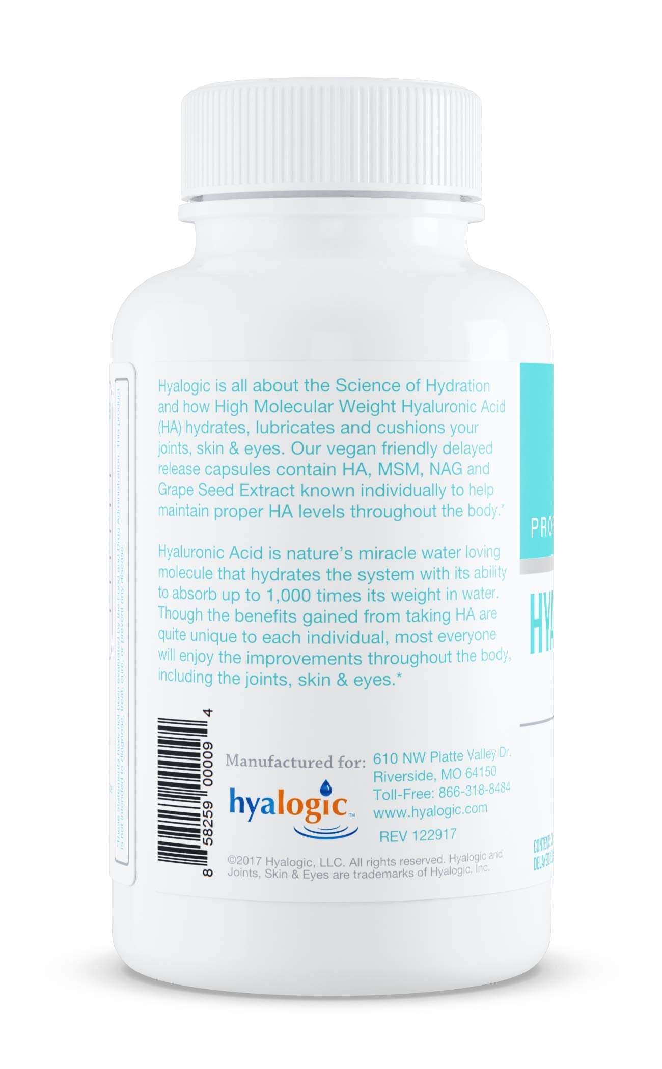 Hyalogic Hyaluronic Acid Delayed Release Capsules with Glucosamine MSM 120 mg, Non-GMO, 30 Capsules