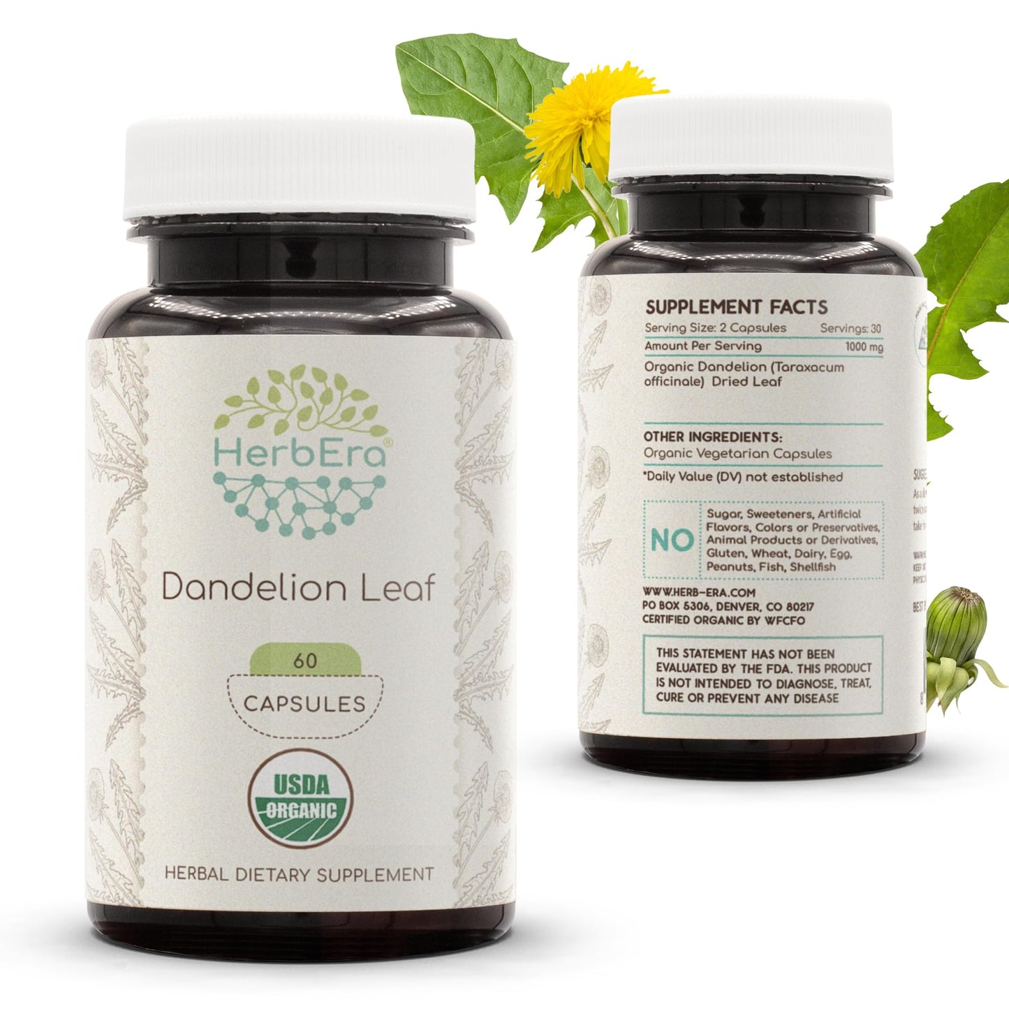 HerbEra Dandelion Leaf Capsules, USDA Organic, Taraxacum Officinale, Digestive & Antioxidant Support, 60 Capsules