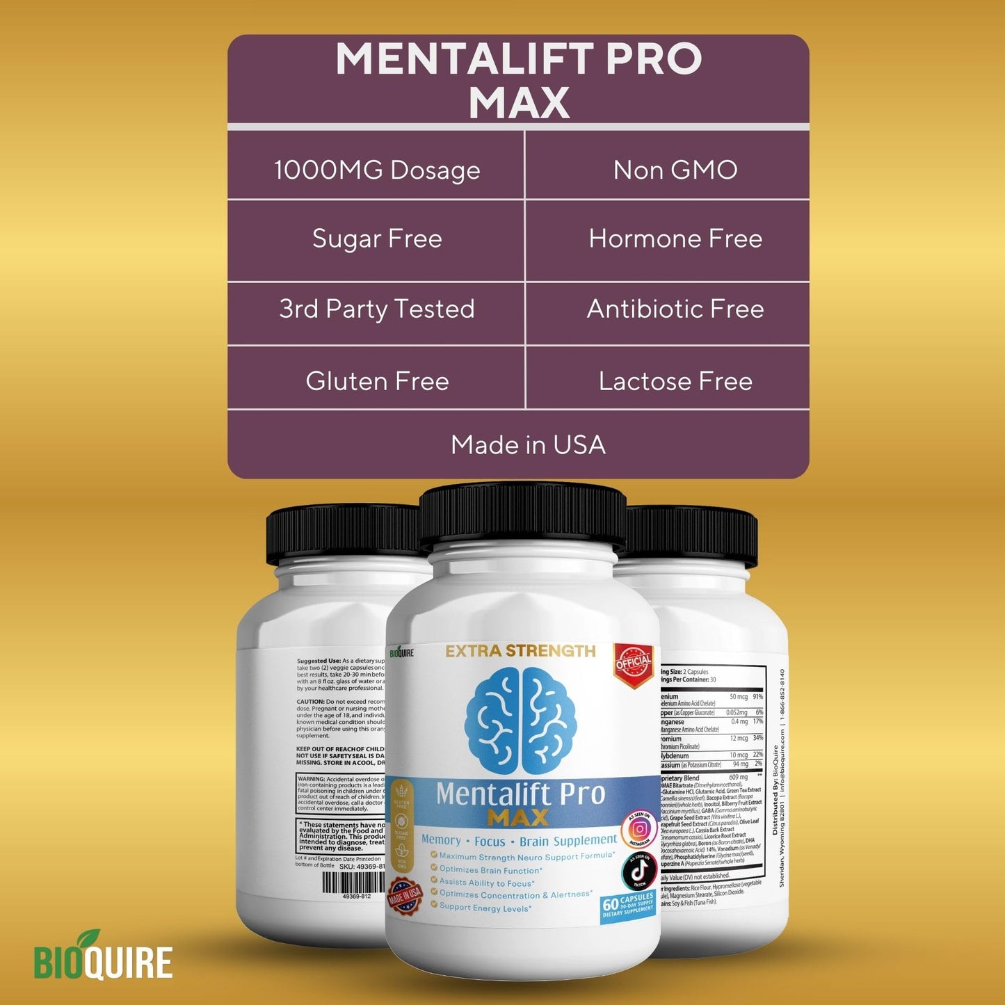 BIOQUIRE Mentalift Pro MAX Extra Strength Memory & Focus Supplement 60 Capsules