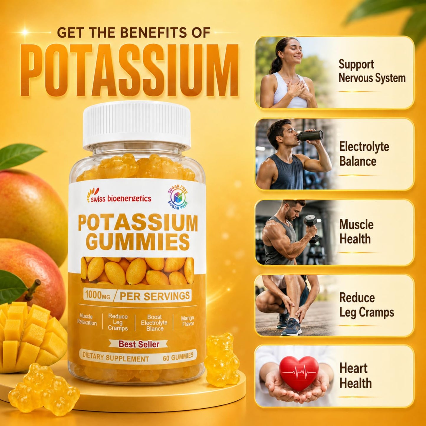 Swiss Bioenergetics Potassium Gummies for Adults & Kids, Mango Flavor 120 Gummies