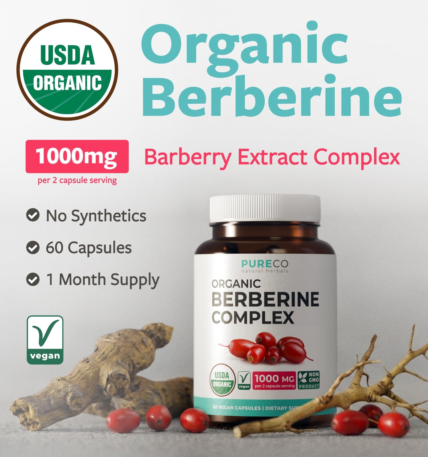 PURE CO Certified Organic Berberine Supplement Capsules, 60 Count