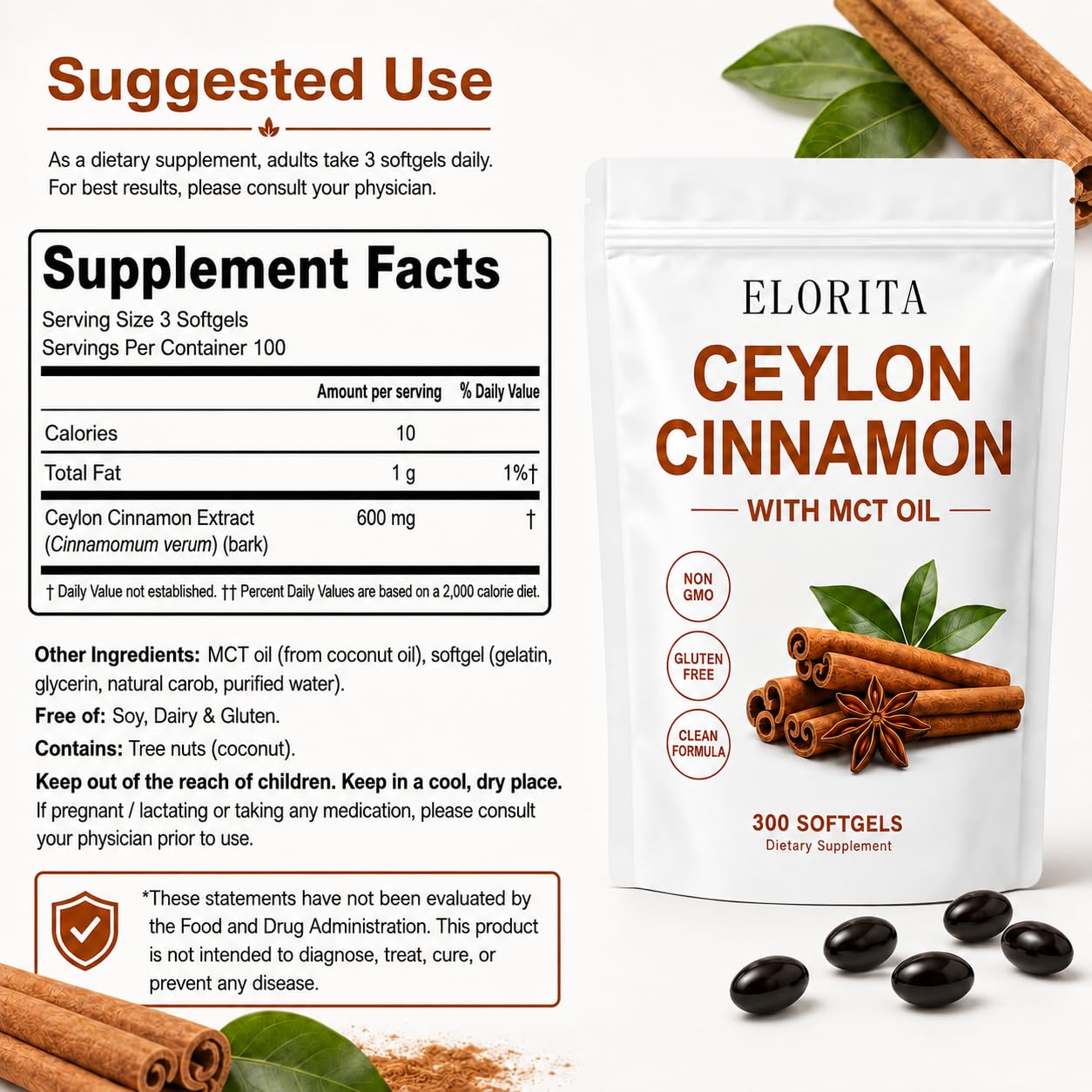 JointVance Elorita Ceylon Cinnamon Softgels with MCT Oil 300 Count