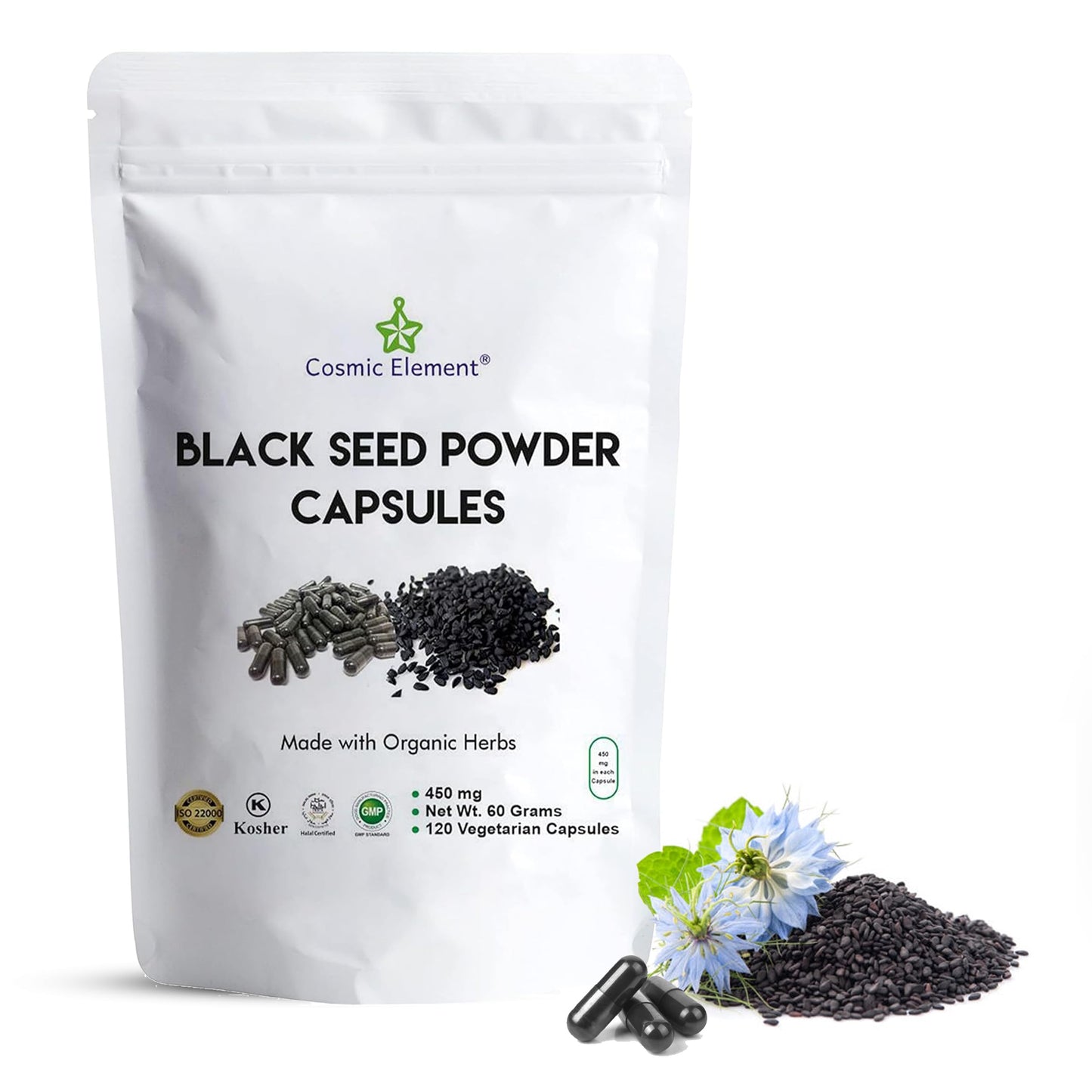 Cosmic Element Black Seed Powder Organic Vegan Nigella Sativa 450mg, 120 Capsules