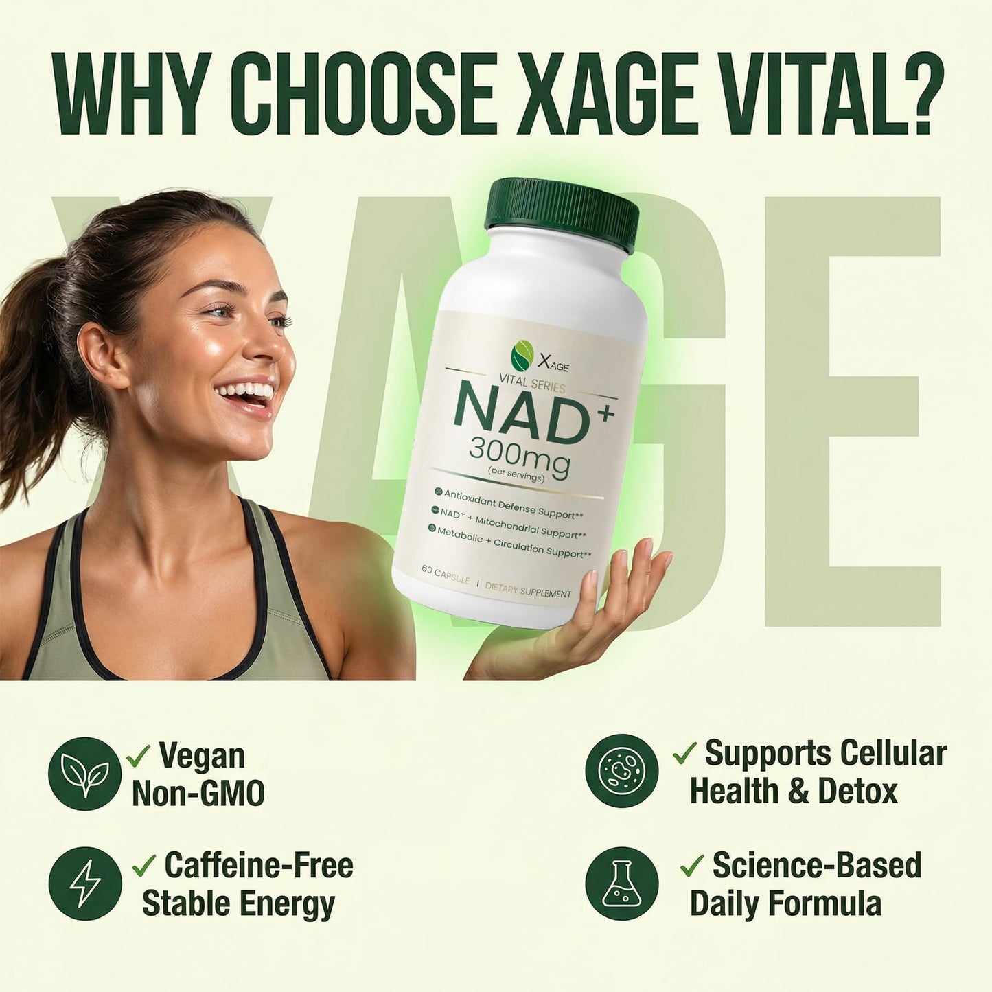 XAGE NAD+ Supplement with PQQ, Quercetin & EGCG for Cellular Energy Capsule, 60 Count