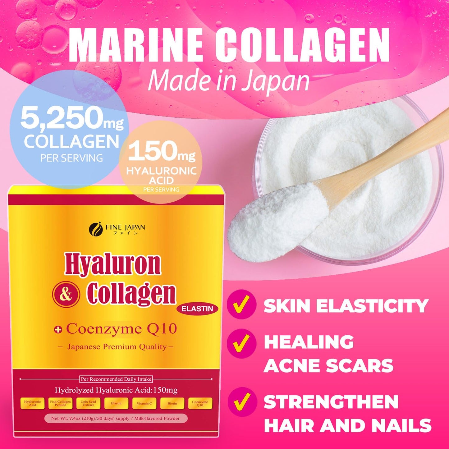 FINE JAPAN Premium Marine Collagen Powder with Hyaluronic Acid, CoQ10 & Elastin - 7.4 oz
