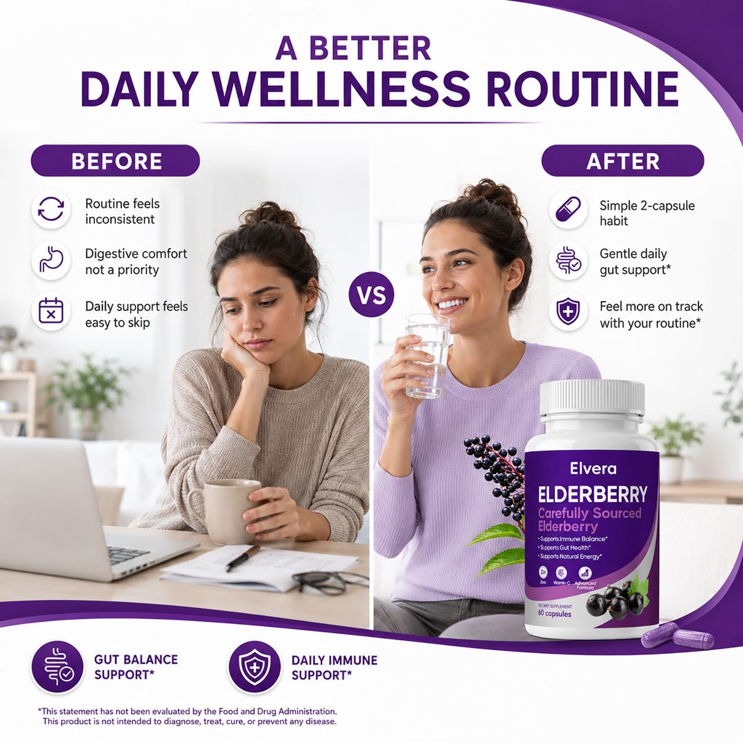 UOZXIL Elvera Elderberry Gut Support 60 Capsules