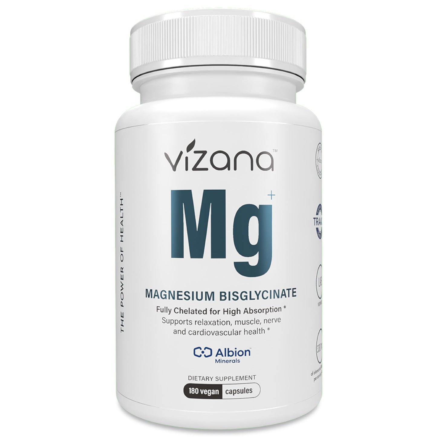Vizana Nutrition Magnesium Bisglycinate 100% Pure Albion TRAACS Chelate 330mg Elemental Magnesium, 180 Capsules