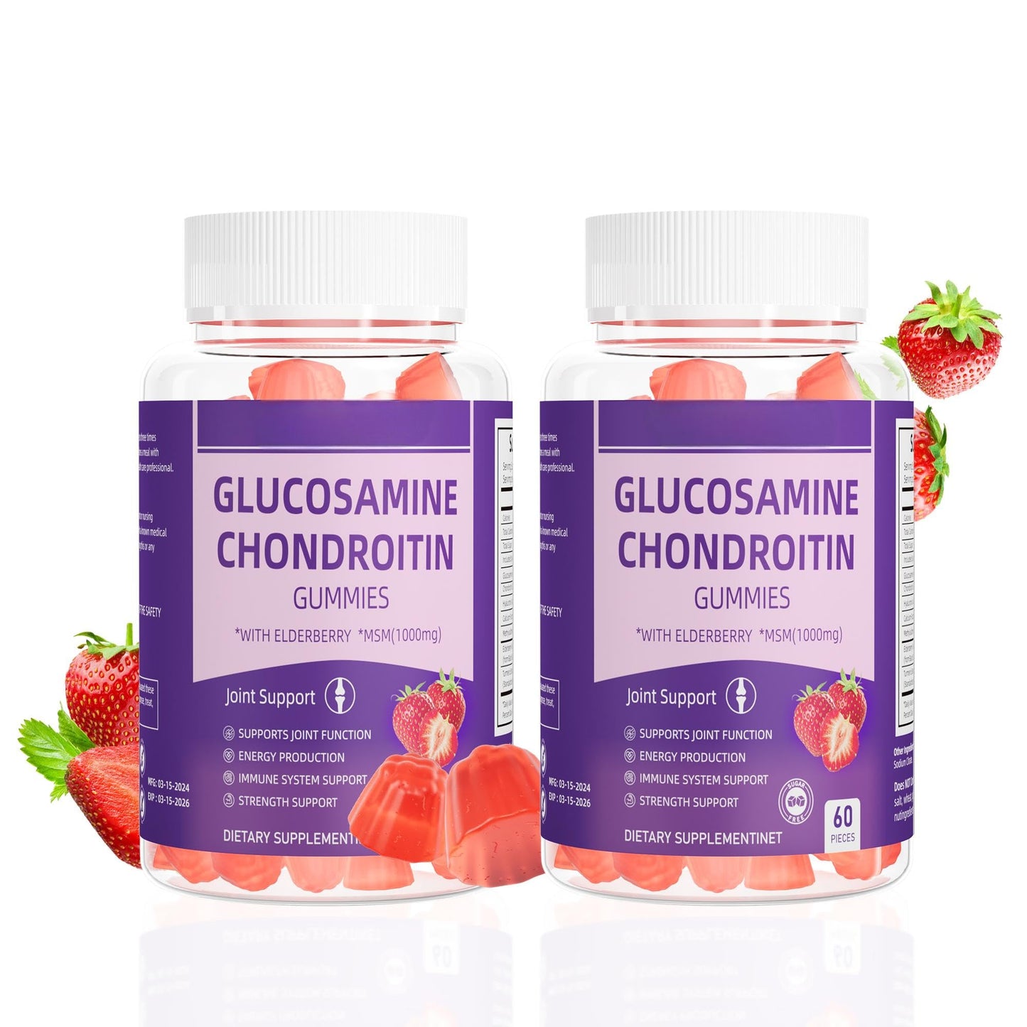Dianww Glucosamin Gummies for Women and Men, Immune Support, Energy Support, Vegan, Gluten-Free, Strawberry Flavor, 60 Gummies