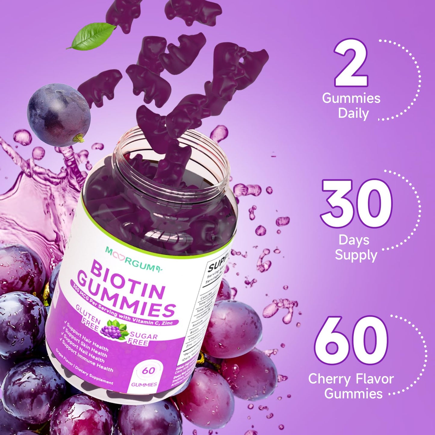 MOORGUMY Biotin Hair, Skin & Nails Gummies Sugar Free Grape Flavor, 60 Count